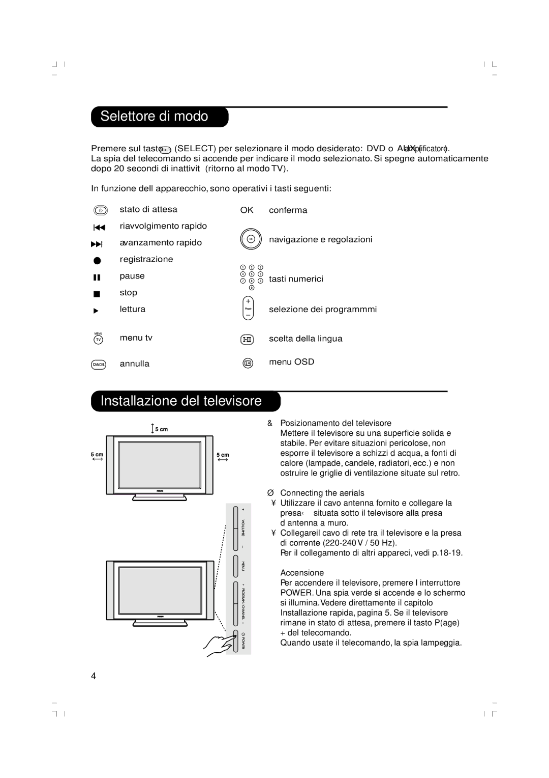 Philips 37PF5520D/10 manual Selettore di modo, Installazione del televisore, Posizionamento del televisore, Accensione 