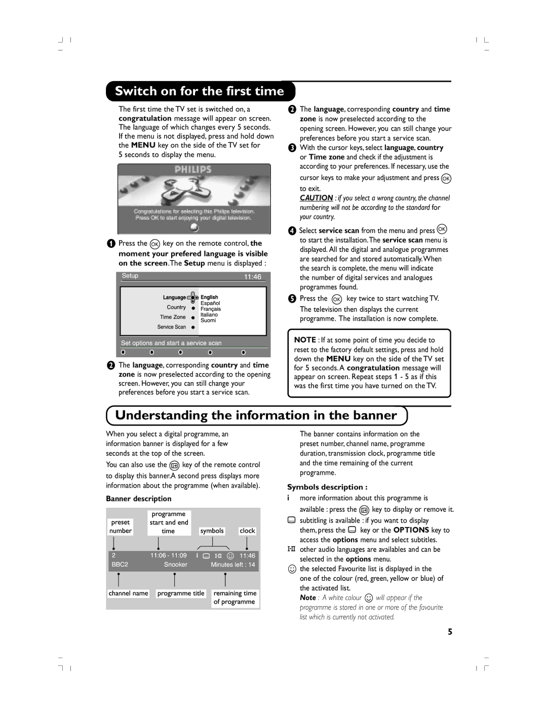 Philips 37PF5520D/10 manual Switch on for the first time, Understanding the information in the banner, Banner description 