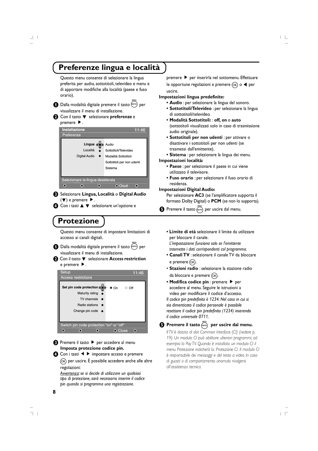 Philips 37PF5520D/10 manual Preferenze lingua e località, Protezione 