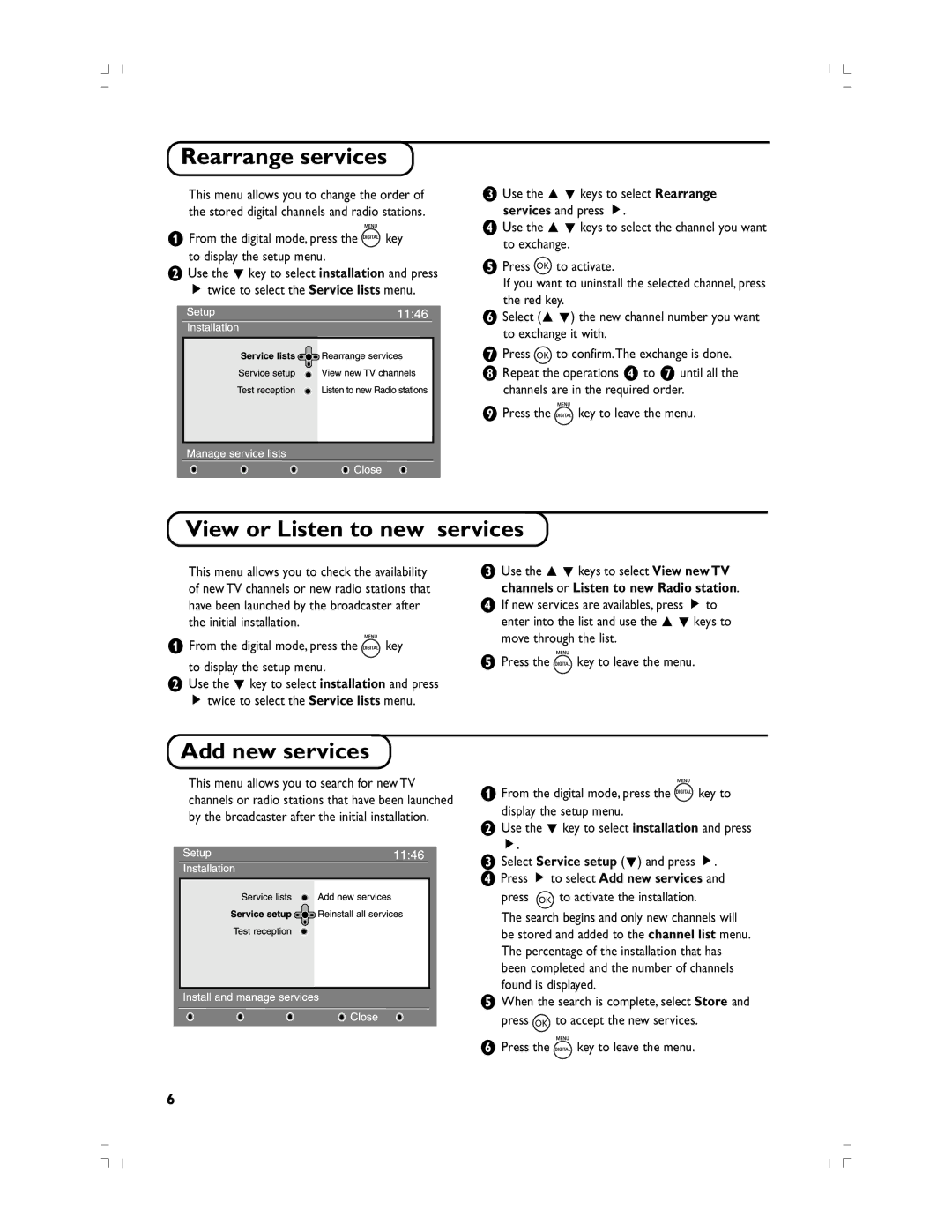 Philips 37PF5520D/10 manual Rearrange services, View or Listen to new services, Add new services 