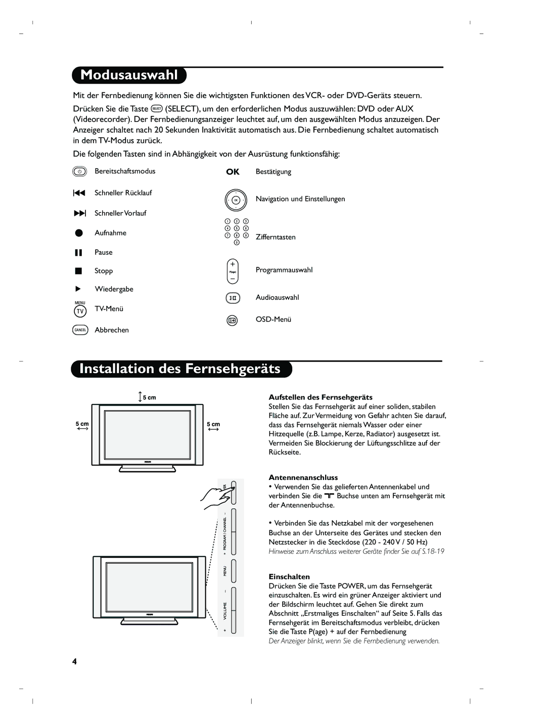 Philips 37PF5520D/10 manual Modusauswahl, Installation des Fernsehgeräts, Aufstellen des Fernsehgeräts, Antennenanschluss 