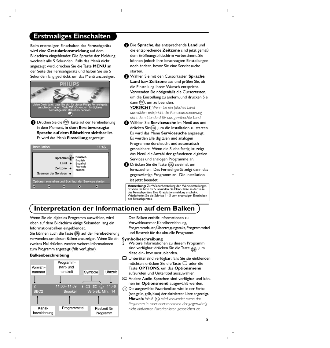 Philips 37PF5520D/10 manual Erstmaliges Einschalten, Interpretation der Informationen auf dem Balken, Balkenbeschreibung 