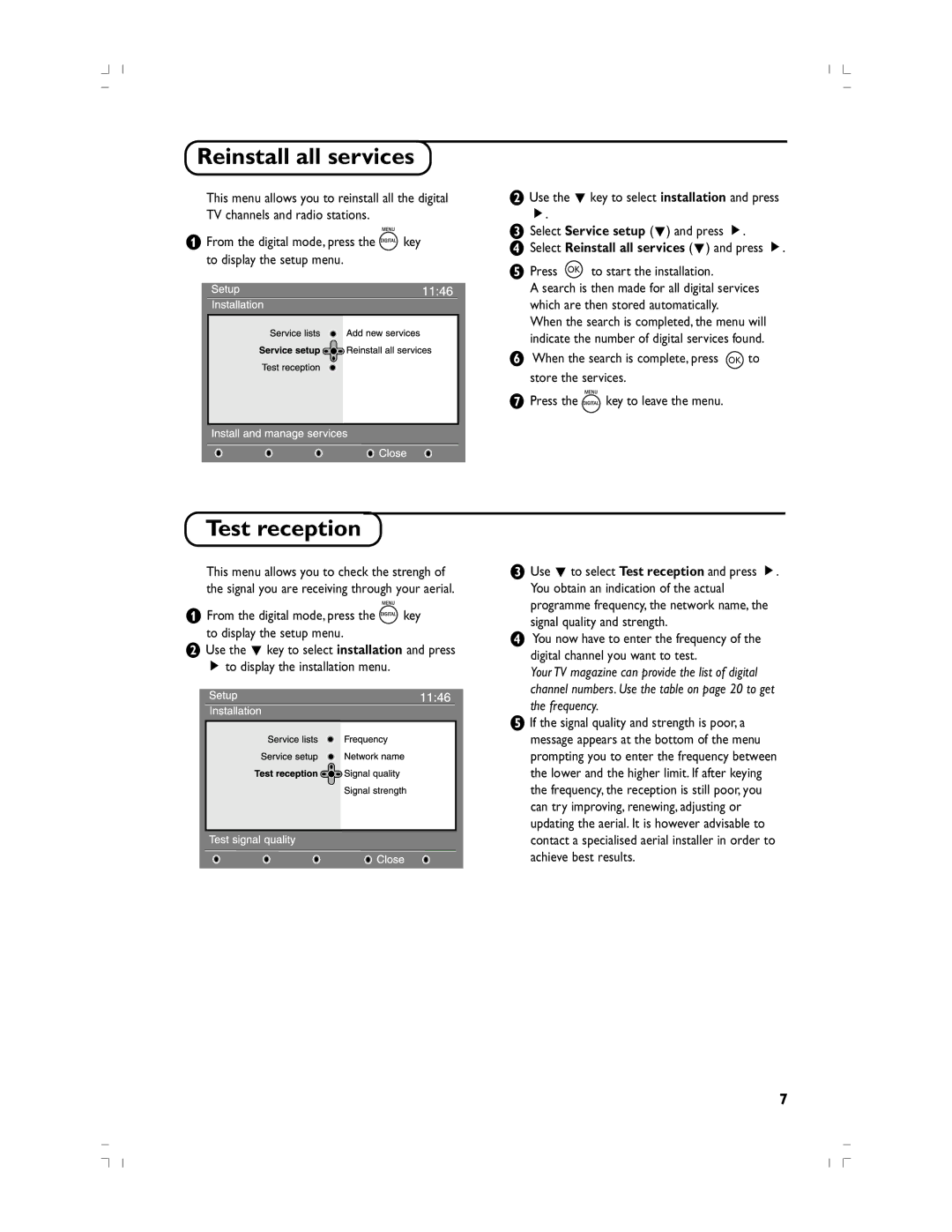 Philips 37PF5520D/10 Test reception, ‘ Select Reinstall all services œ and press É, Press OK to start the installation 