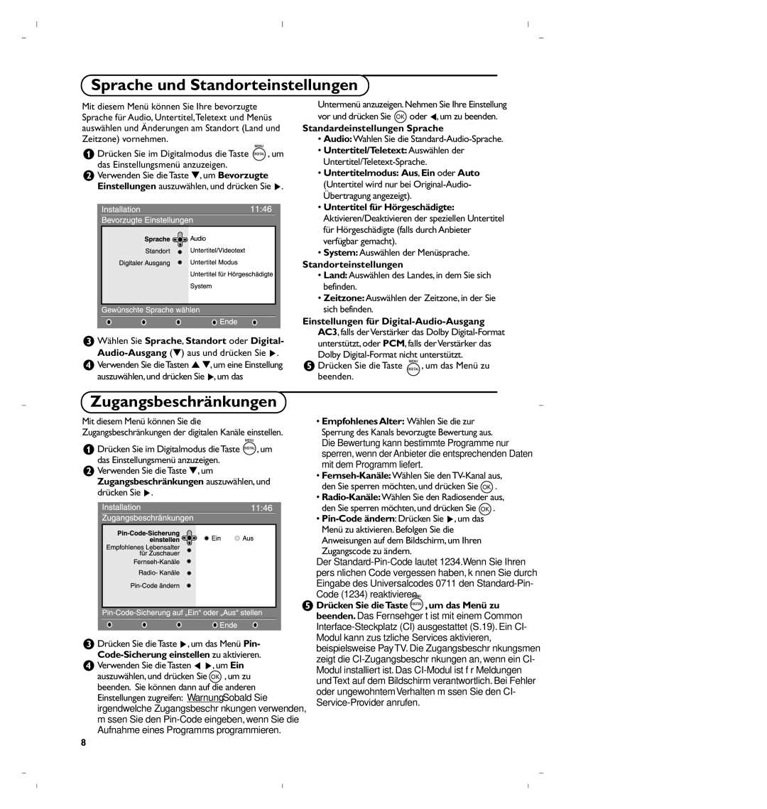 Philips 37PF5520D/10 manual Sprache und Standorteinstellungen, Zugangsbeschränkungen, Standardeinstellungen Sprache 