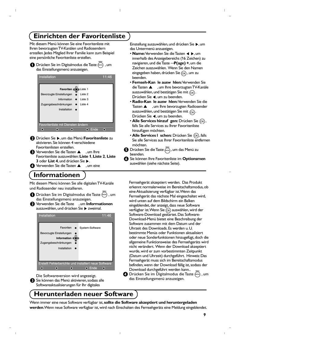 Philips 37PF5520D/10 manual Einrichten der Favoritenliste, Informationen, Herunterladen neuer Software 