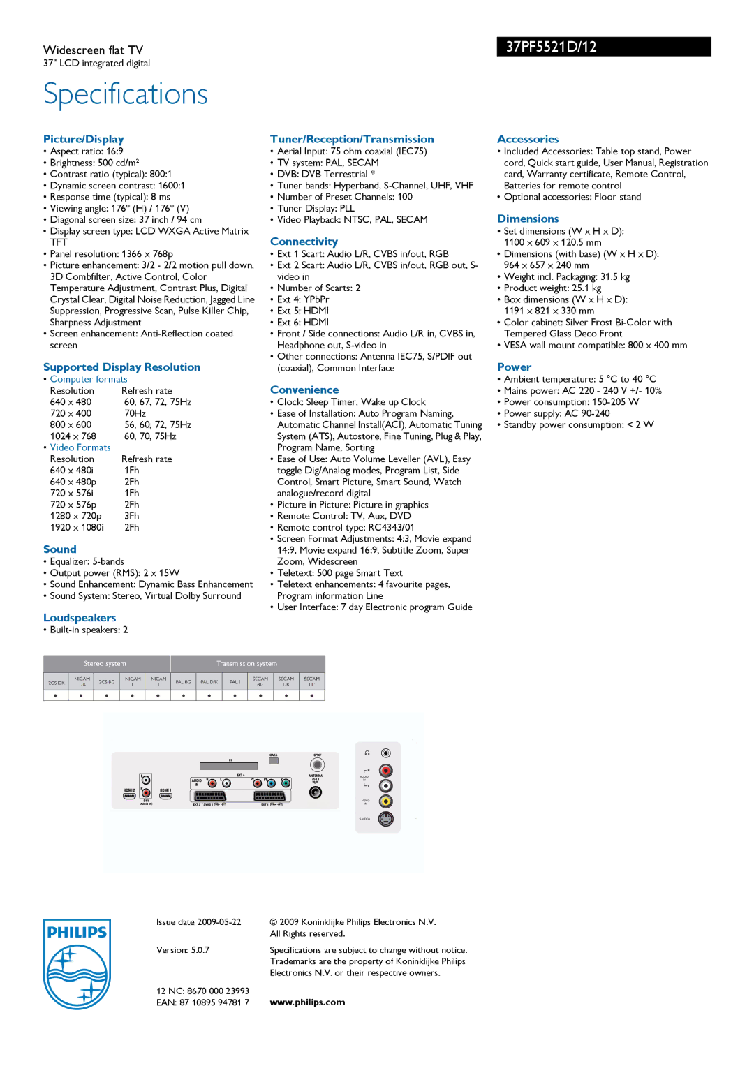 Philips 37PF5521D/12 Picture/Display, Supported Display Resolution, Sound, Loudspeakers, Tuner/Reception/Transmission 