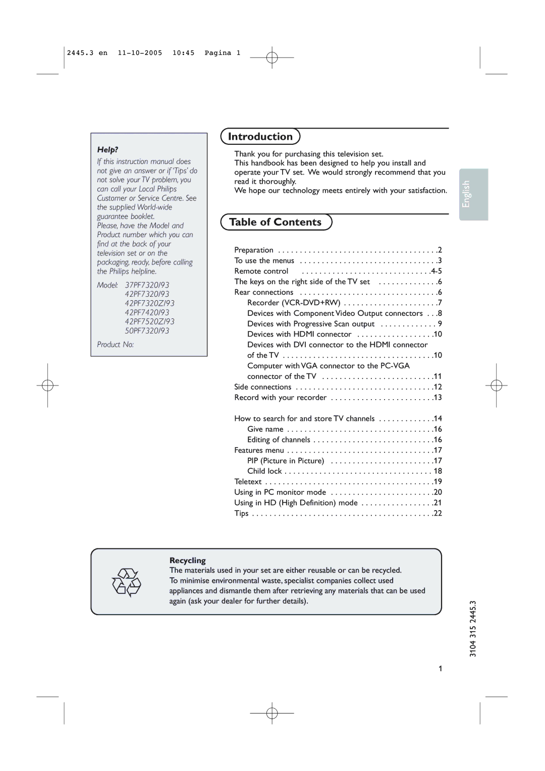 Philips 37PF7320/93 instruction manual Introduction, Table of Contents 