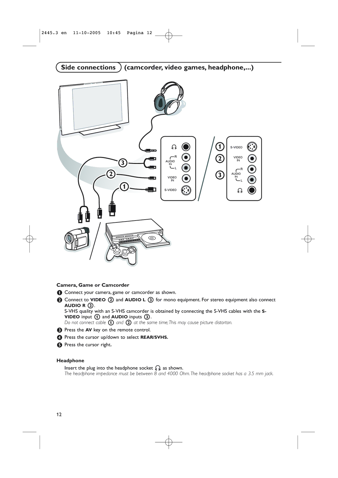 Philips 37PF7320/93 Side connections camcorder, video games, headphone, Camera, Game or Camcorder, Headphone 