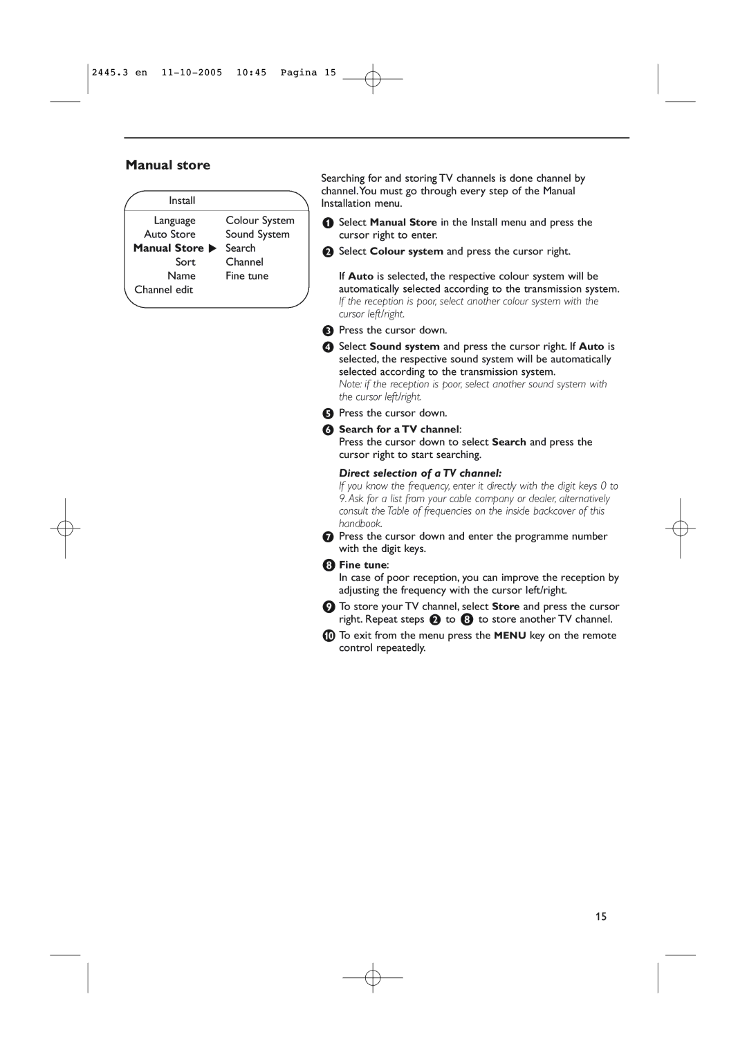 Philips 37PF7320/93 instruction manual Manual store, Install Language, Manual Store π Search, Sort Channel Name Fine tune 