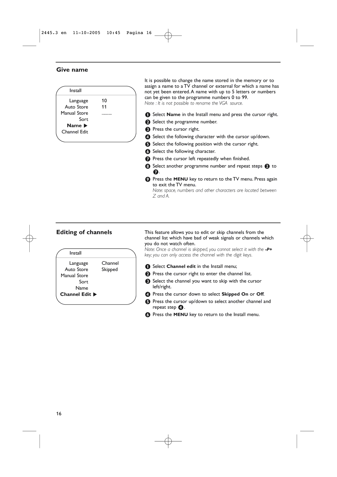 Philips 37PF7320/93 instruction manual Give name, Editing of channels, Name π, Channel Edit π 