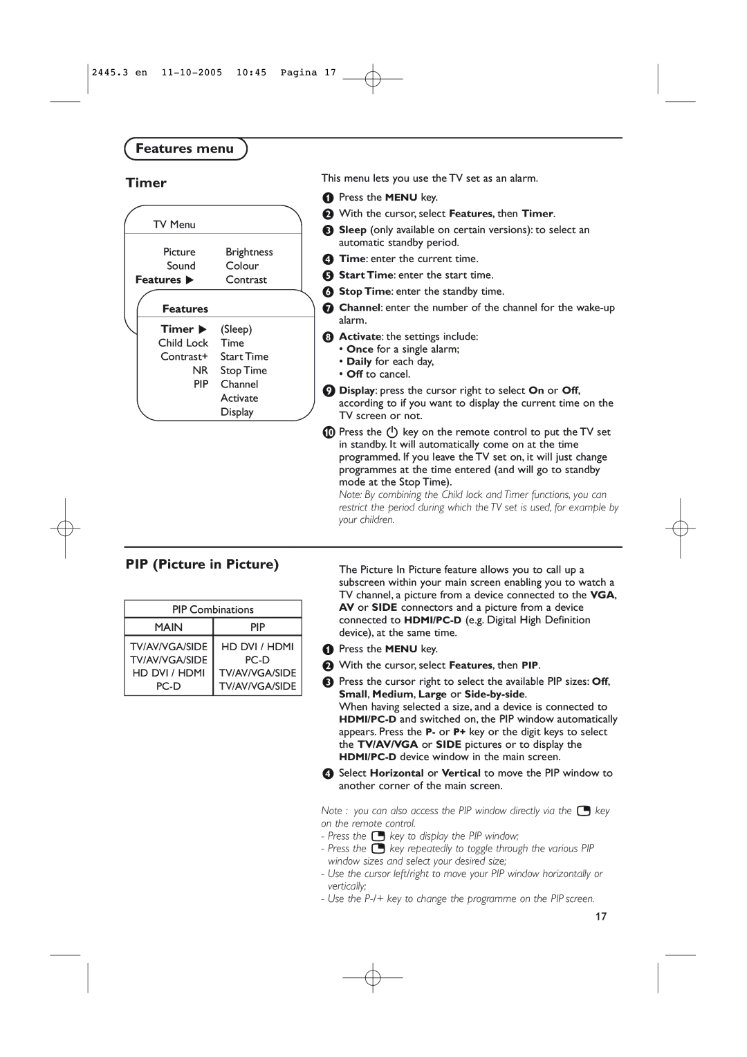 Philips 37PF7320/93 instruction manual Features menu Timer, PIP Picture in Picture 