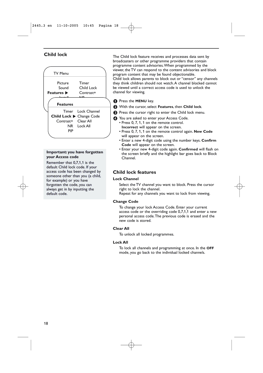 Philips 37PF7320/93 instruction manual Child lock features 