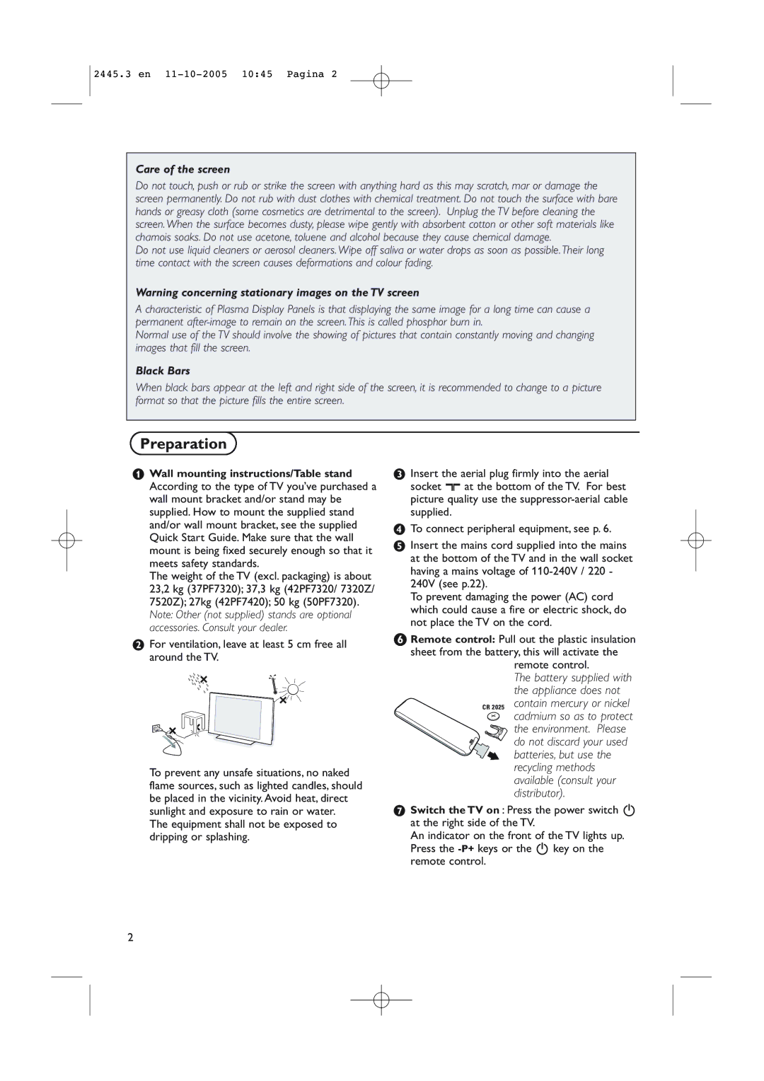 Philips 37PF7320/93 instruction manual Preparation, For ventilation, leave at least 5 cm free all around the TV 