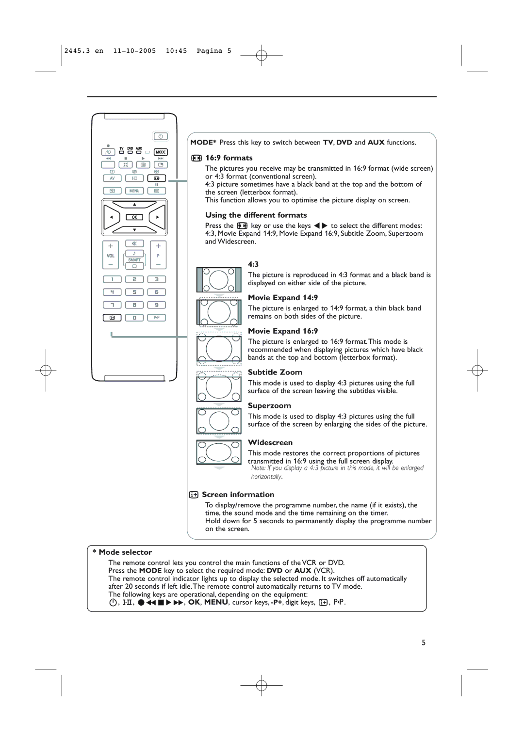 Philips 37PF7320/93 Formats, Using the different formats, Movie Expand, Subtitle Zoom, Superzoom, Widescreen 