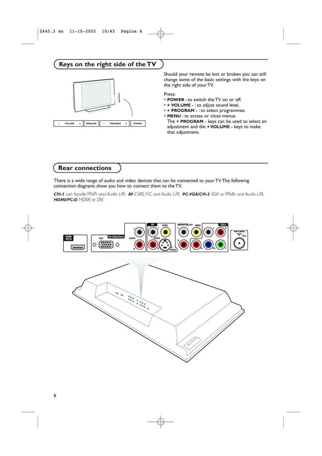 Philips 37PF7320/93 instruction manual Keys on the right side of the TV, Rear connections 