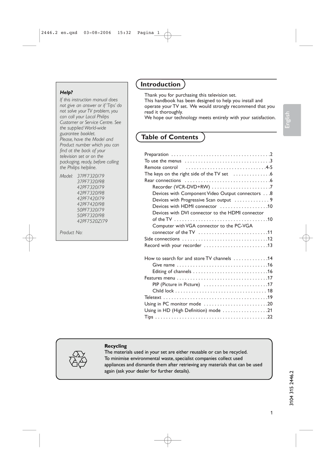 Philips 37PF7320/79, 37PF7320/98, 42PF7420/98, 50PF7320/79, 42PF7320/79 instruction manual Introduction, Table of Contents 