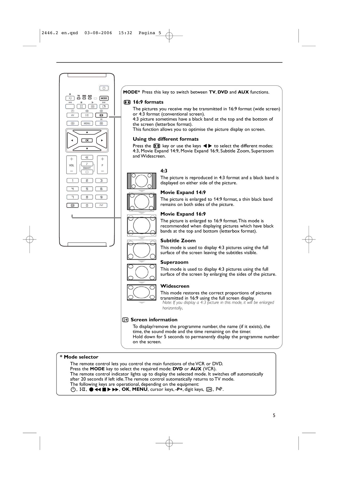 Philips 42PF7420/79, 37PF7320/98 Formats, Using the different formats, Movie Expand, Subtitle Zoom, Superzoom, Widescreen 