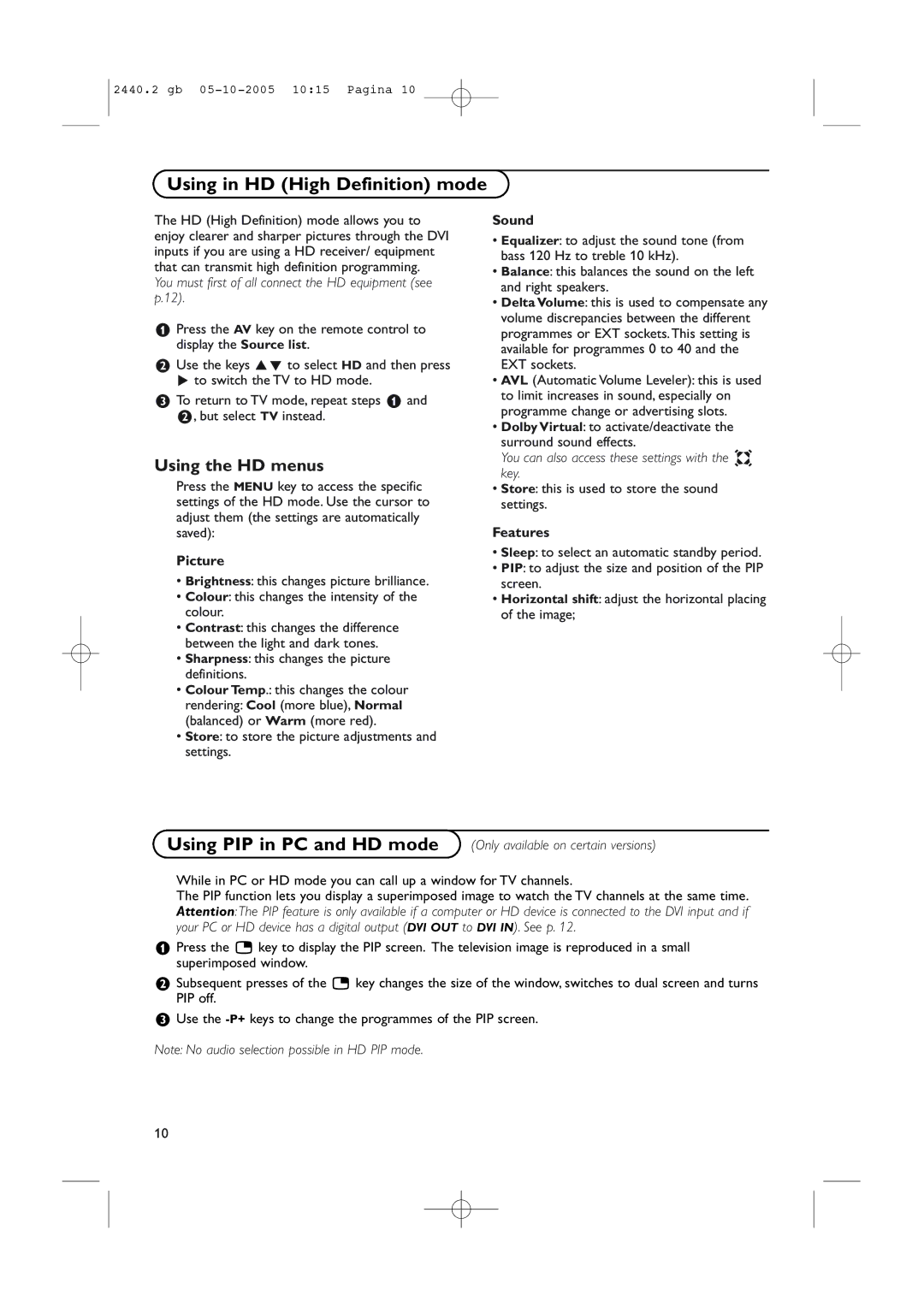 Philips 37PF7320A instruction manual Using in HD High Definition mode, Using the HD menus, Sound 