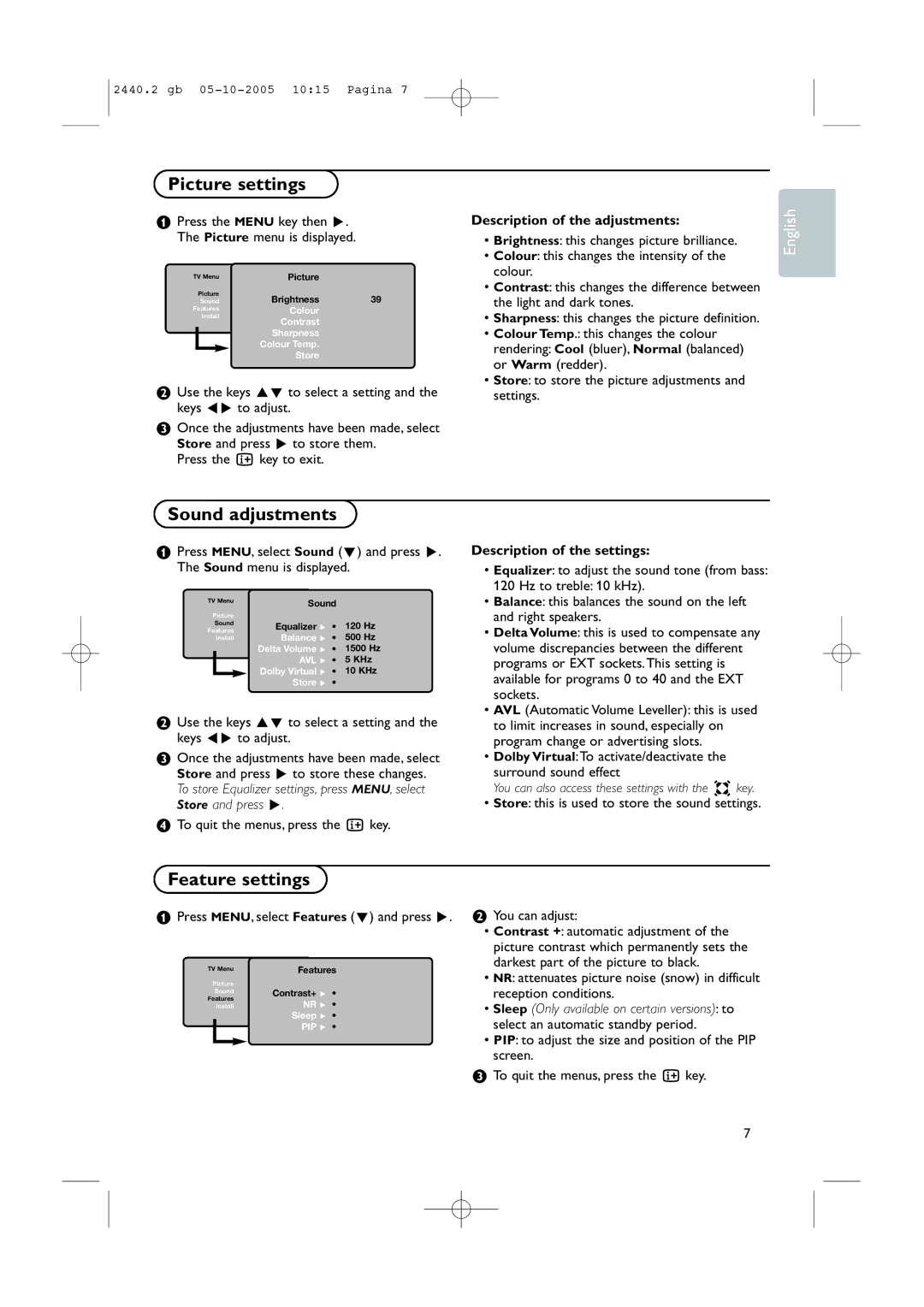 Philips 37PF7320A instruction manual Picture settings, Sound adjustments, Feature settings, Description of the adjustments 