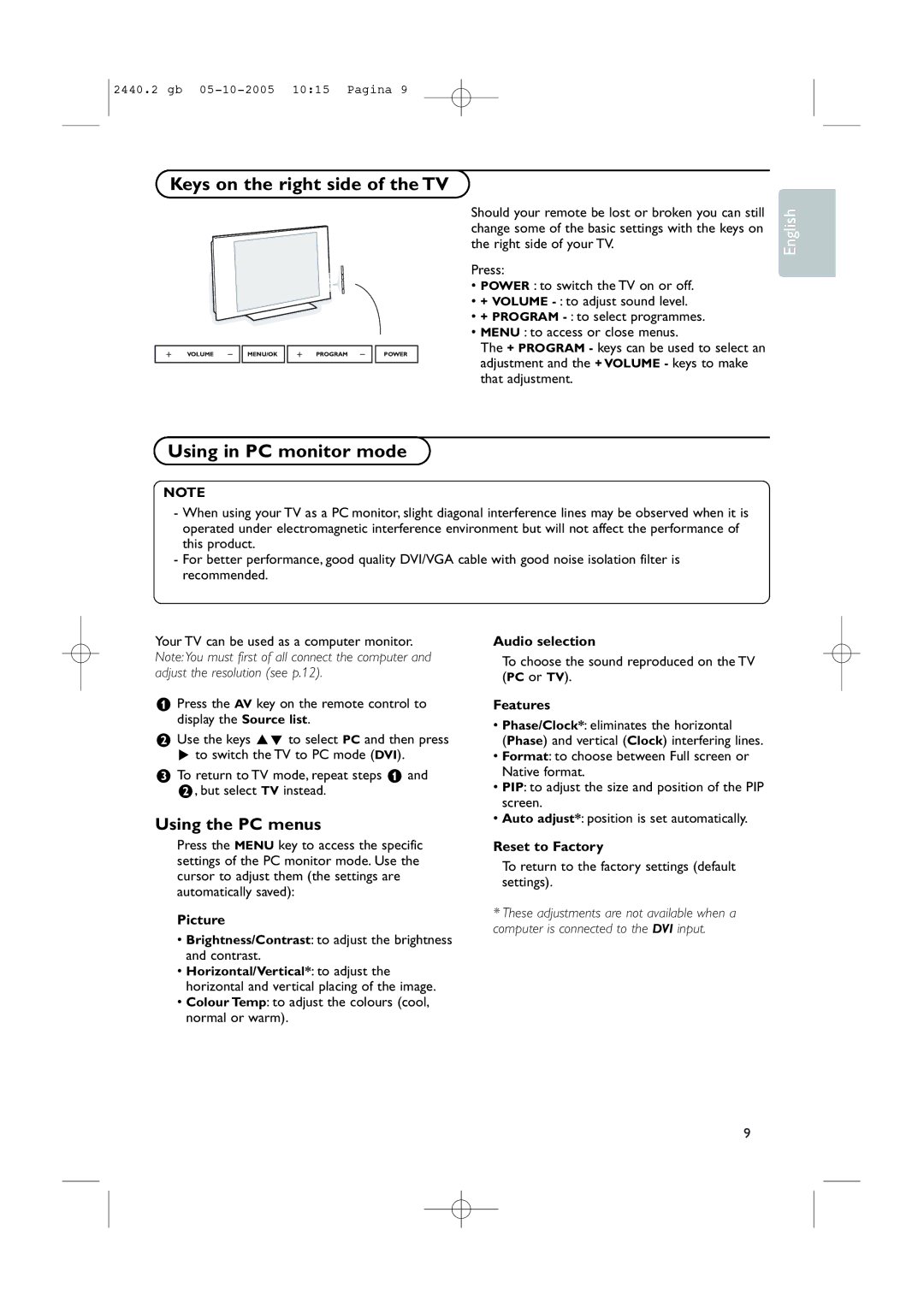 Philips 37PF7320A instruction manual Keys on the right side of the TV, Using in PC monitor mode, Using the PC menus 