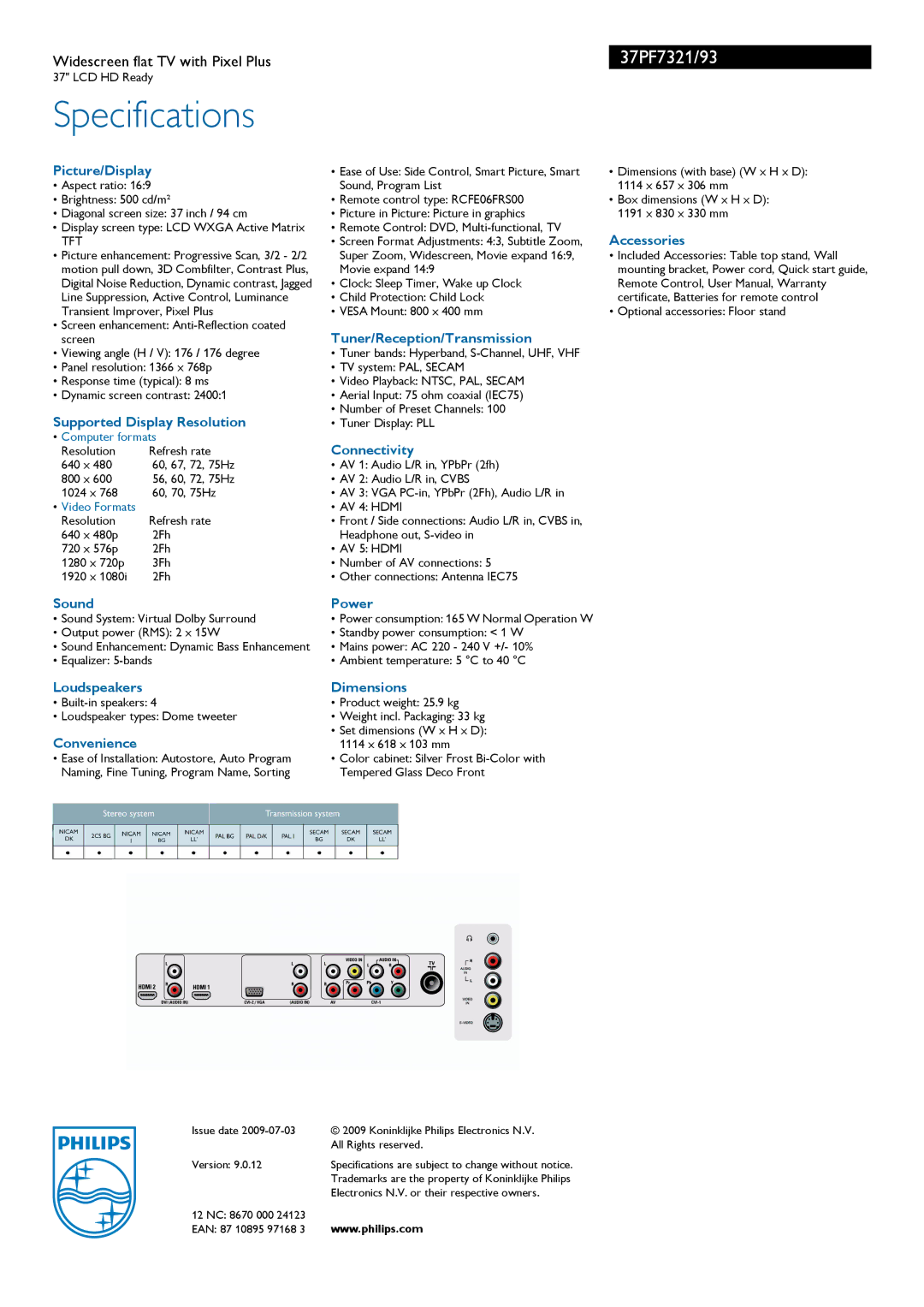 Philips 37PF7321/93 Picture/Display, Accessories, Tuner/Reception/Transmission, Supported Display Resolution, Connectivity 