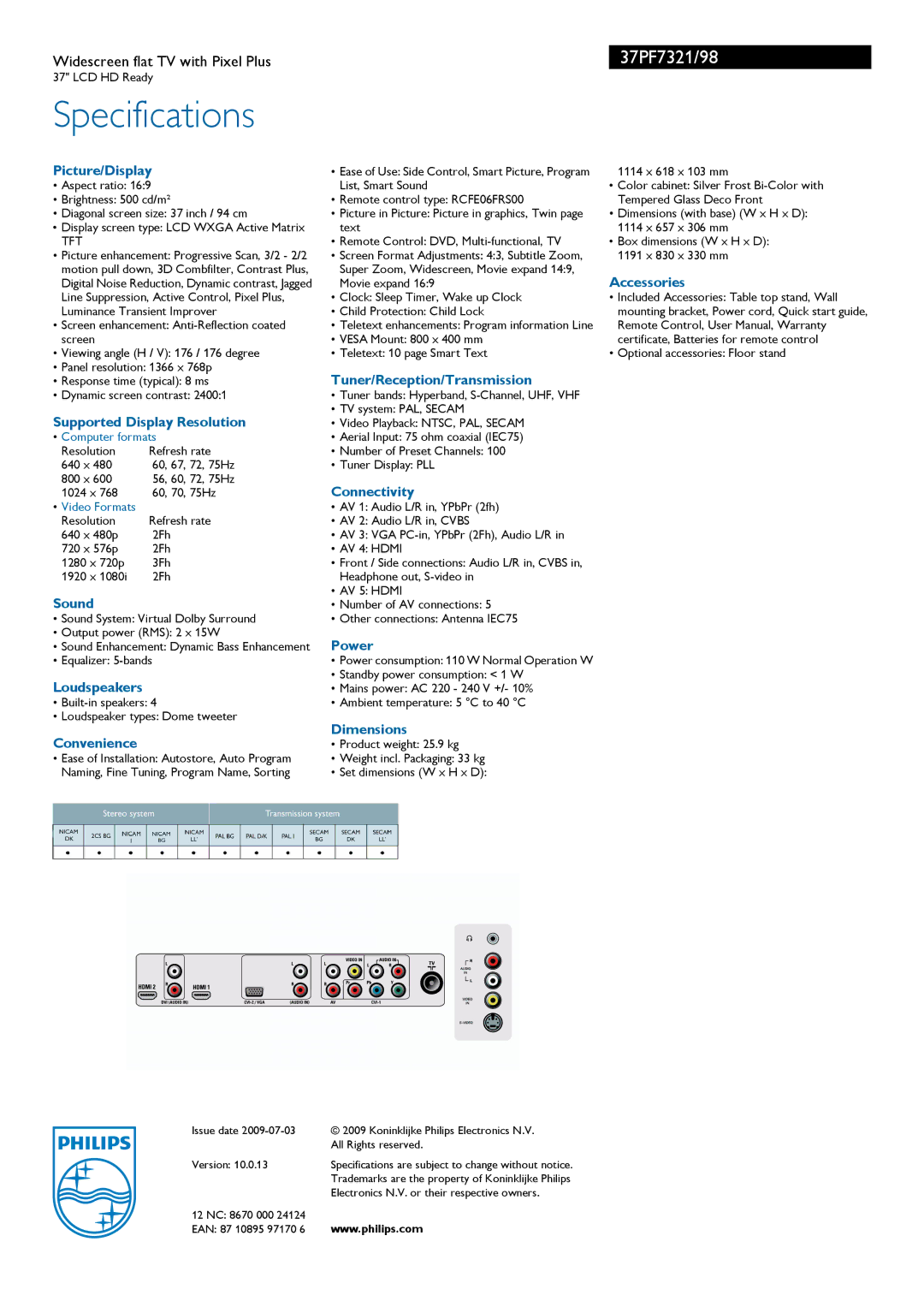 Philips 37PF7321/98 Picture/Display, Supported Display Resolution, Sound, Loudspeakers, Convenience, Connectivity, Power 