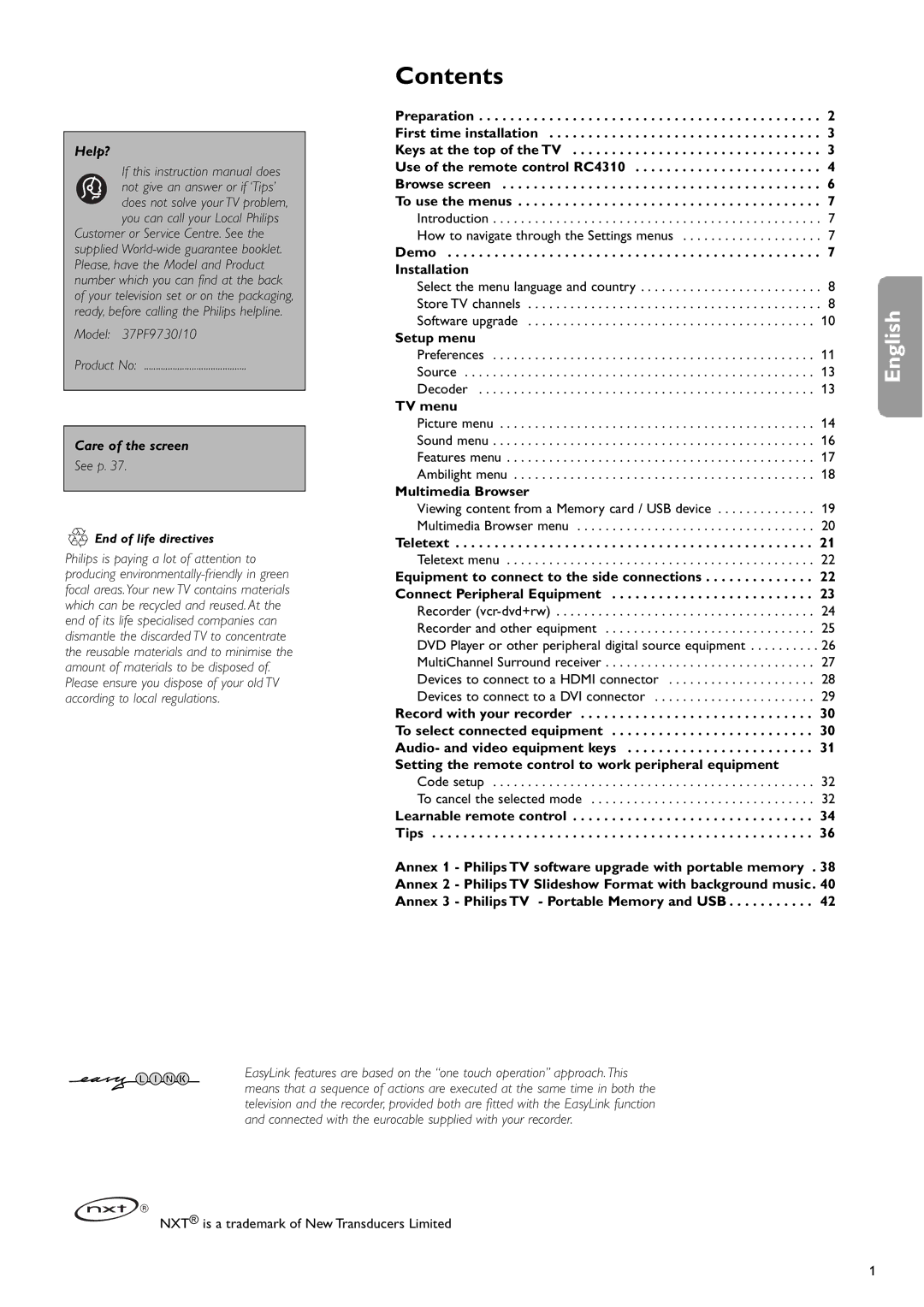 Philips 37PF9730/10 instruction manual Contents 