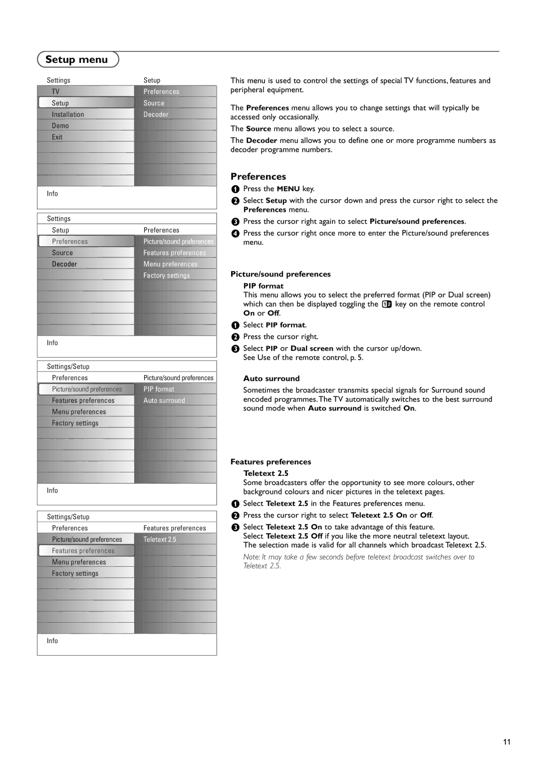 Philips 37PF9730/10 Setup menu, Preferences, Picture/sound preferences, Auto surround, Features preferences Teletext 