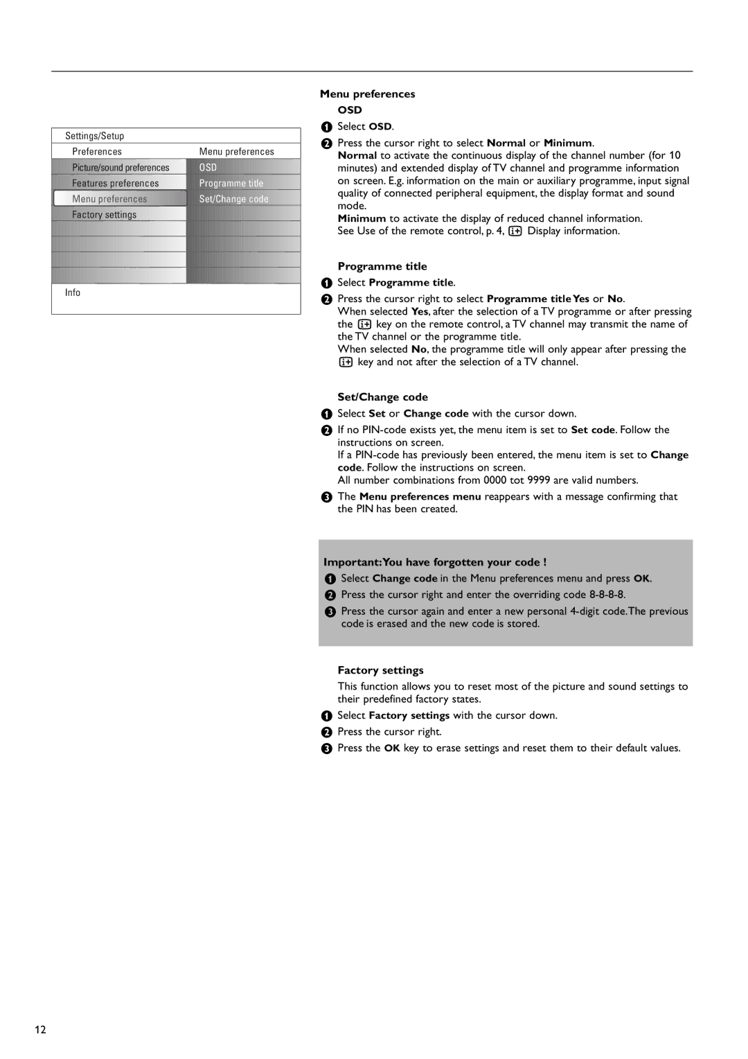 Philips 37PF9730/10 Menu preferences, Programme title, Set/Change code, ImportantYou have forgotten your code 