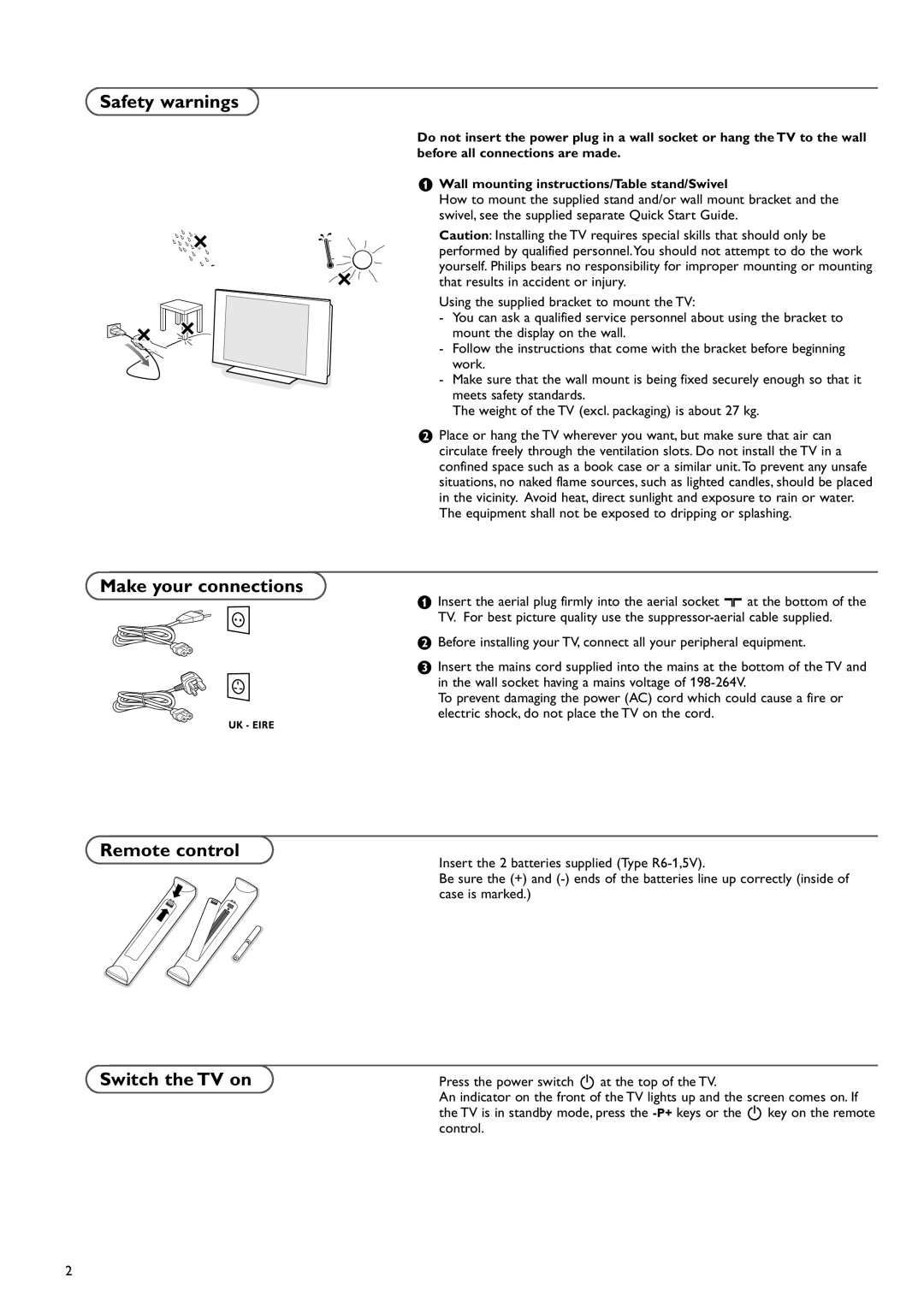 Philips 37PF9730/10 instruction manual Safety warnings, Make your connections, Remote control, Switch the TV on 