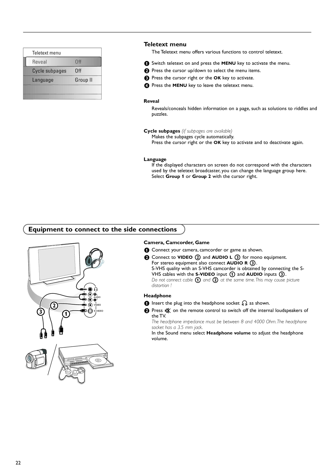 Philips 37PF9730/10 instruction manual Equipment to connect to the side connections, Teletext menu 