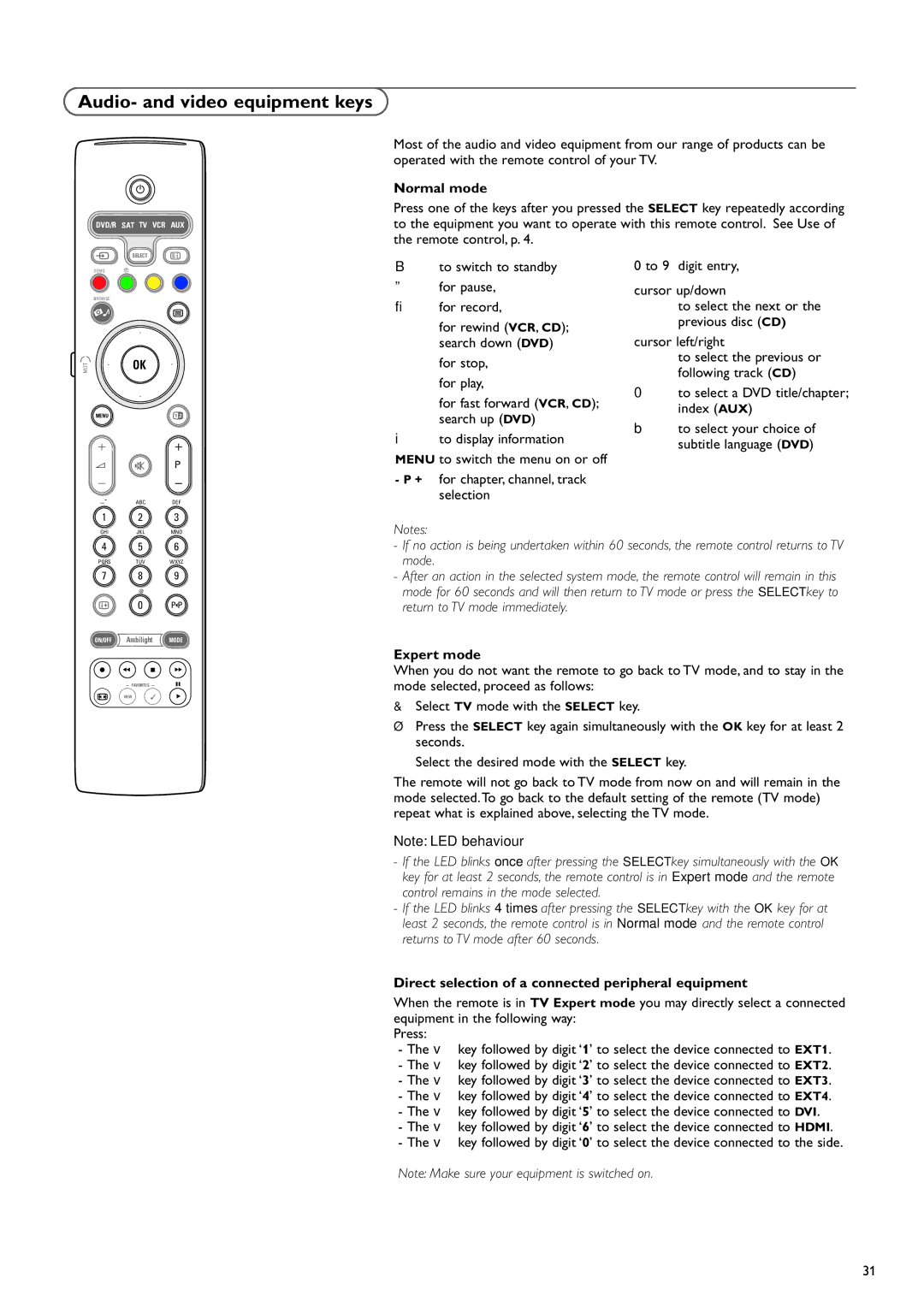 Philips 37PF9730/10 instruction manual Audio- and video equipment keys, Normal mode, Expert mode 