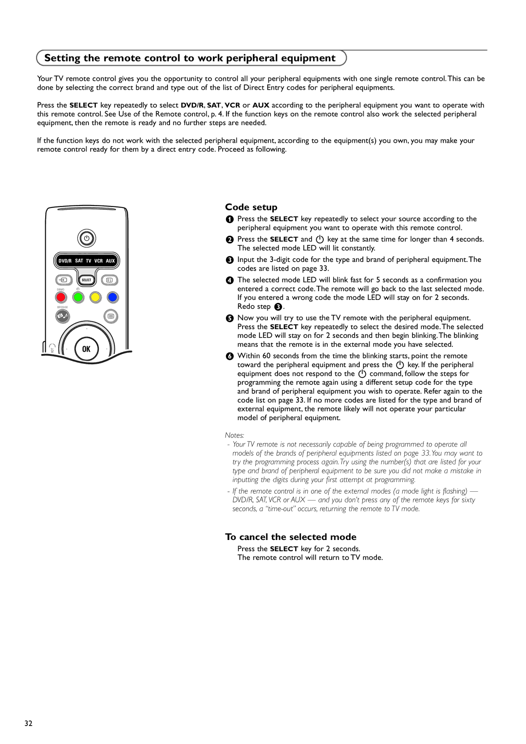 Philips 37PF9730/10 Setting the remote control to work peripheral equipment, Code setup, To cancel the selected mode 