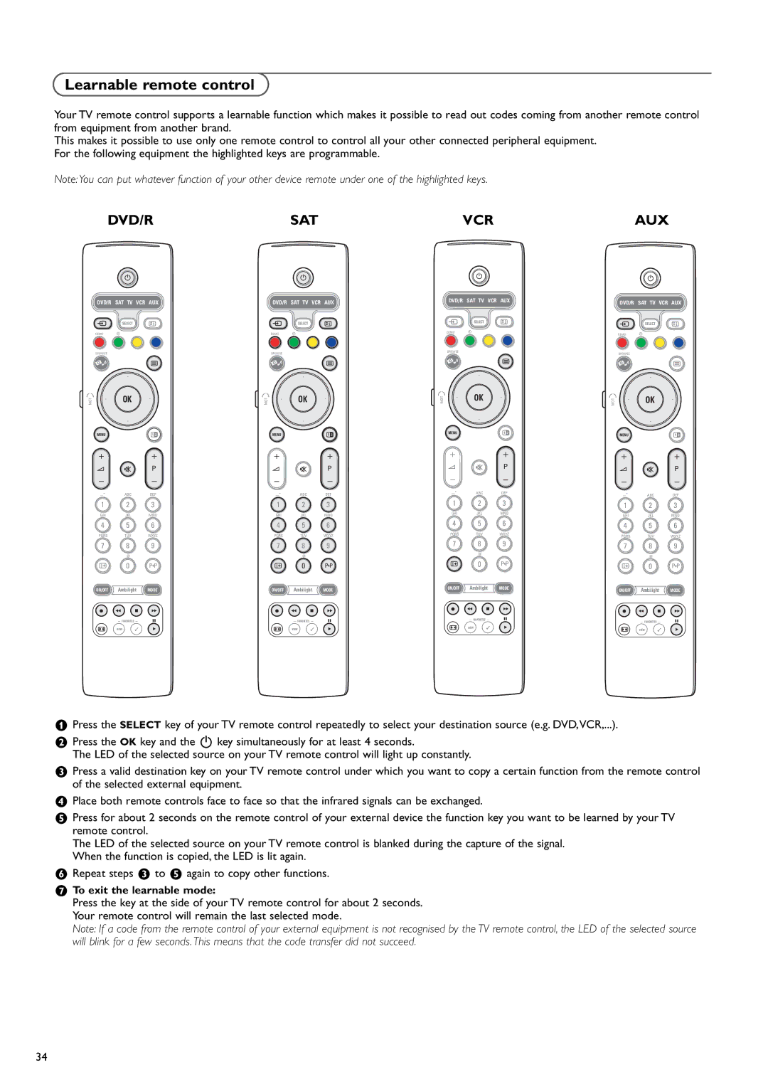 Philips 37PF9730/10 instruction manual Learnable remote control, Dvd/R 