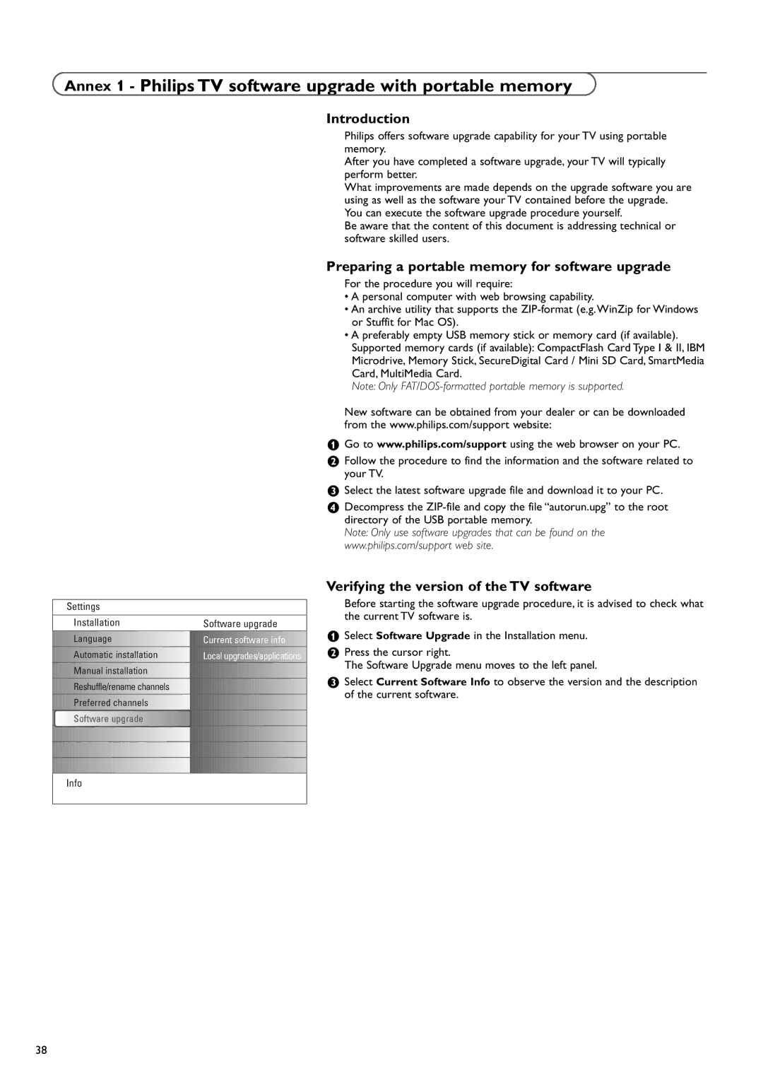 Philips 37PF9730/10 Preparing a portable memory for software upgrade, Verifying the version of the TV software 