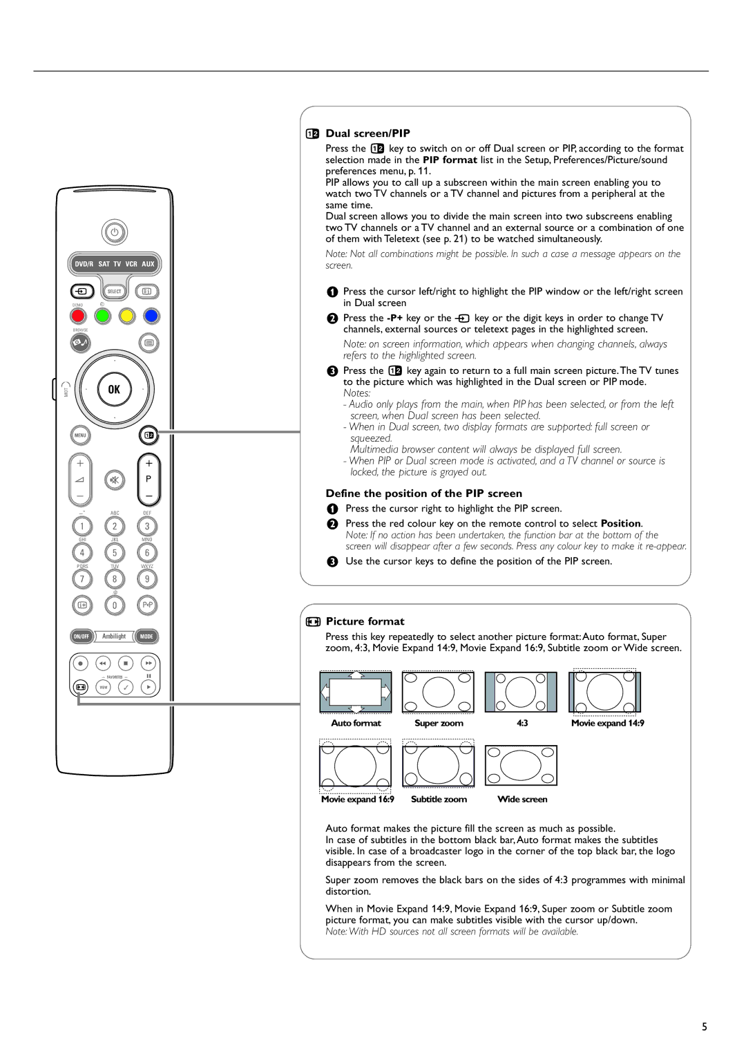 Philips 37PF9730/10 instruction manual Dual screen/PIP, Define the position of the PIP screen, Picture format 