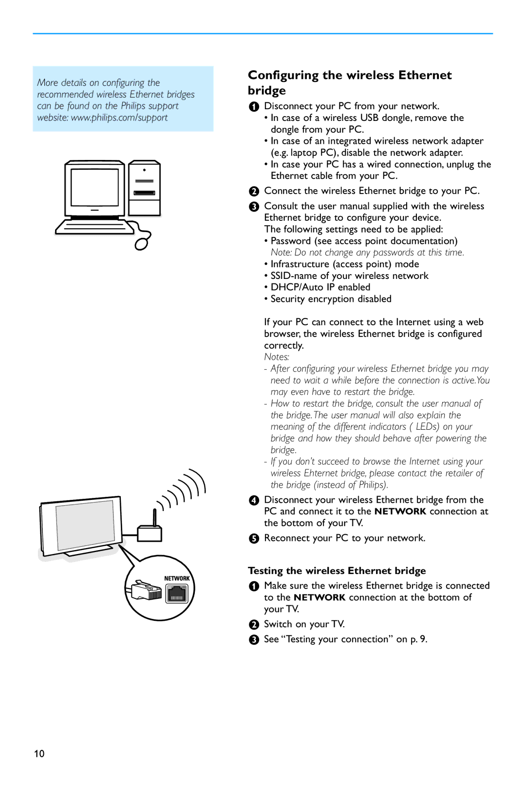 Philips 37PF9730/10 instruction manual Configuring the wireless Ethernet bridge, Testing the wireless Ethernet bridge 