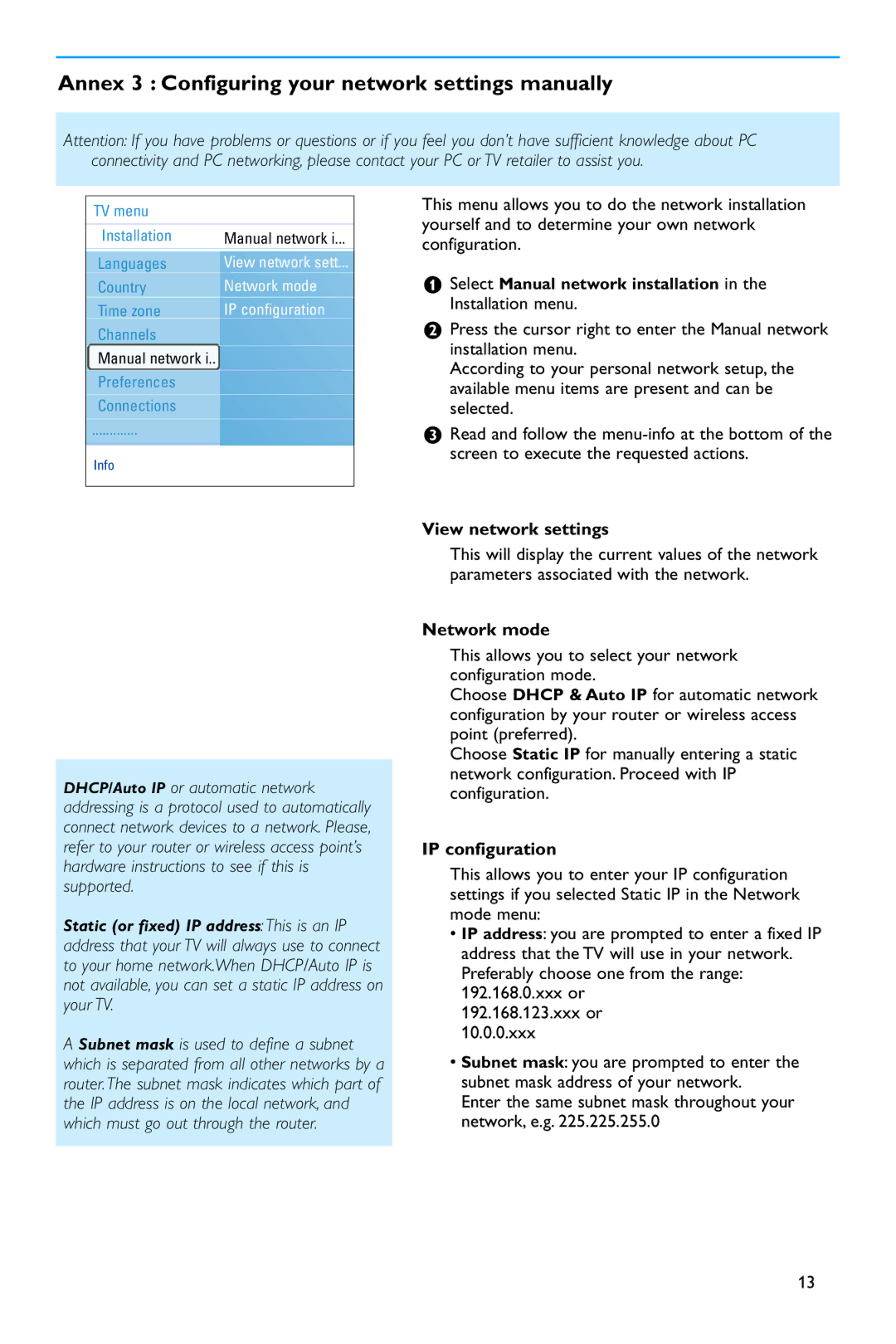 Philips 37PF9730/10 instruction manual View network settings, Network mode, IP configuration 