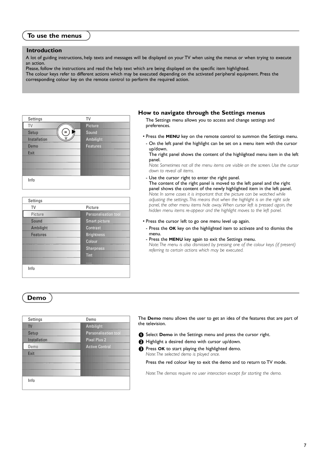 Philips 37PF9730/10 instruction manual To use the menus, Demo, Introduction, How to navigate through the Settings menus 