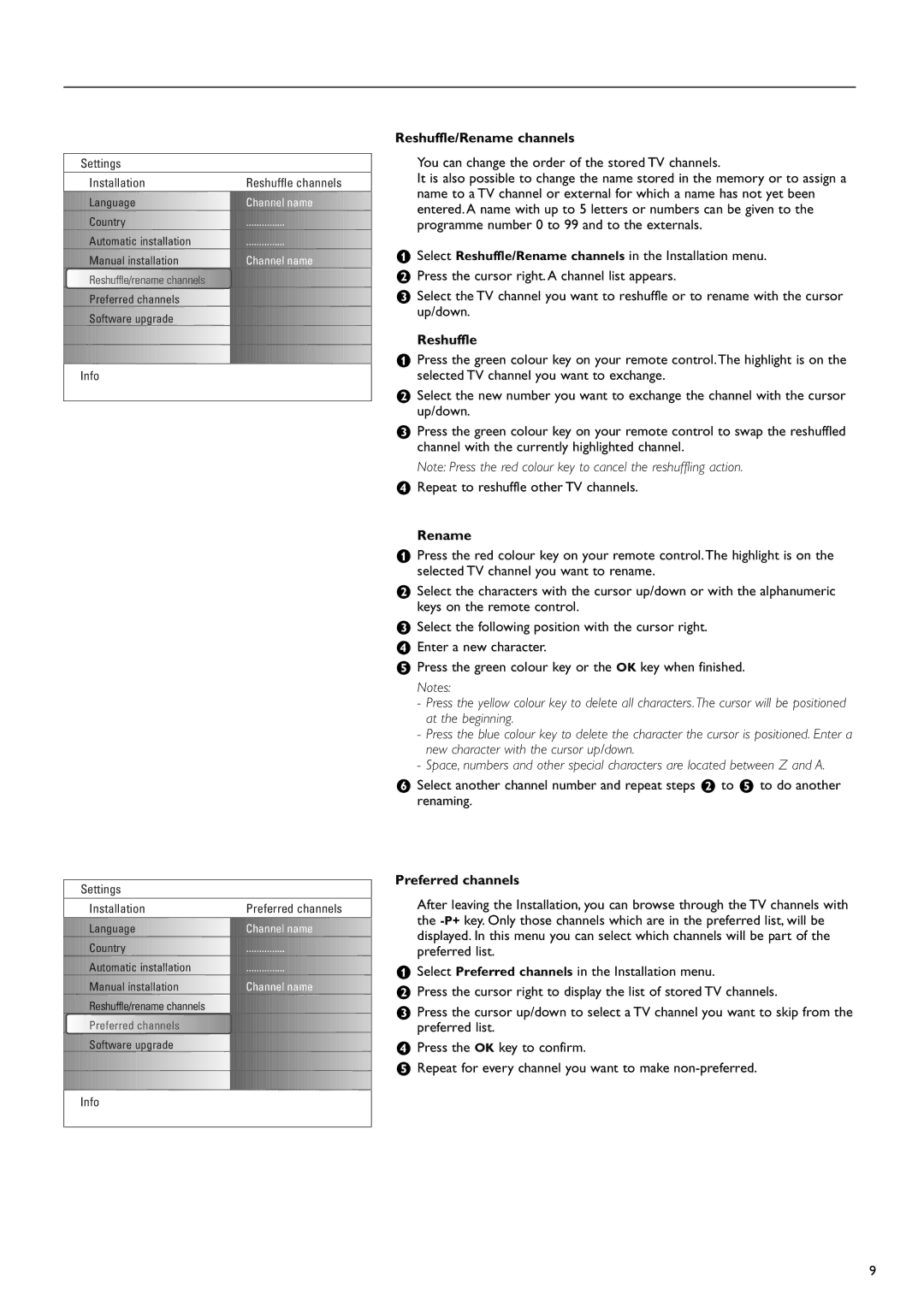 Philips 37PF9730/10 instruction manual Reshuffle/Rename channels, Preferred channels 