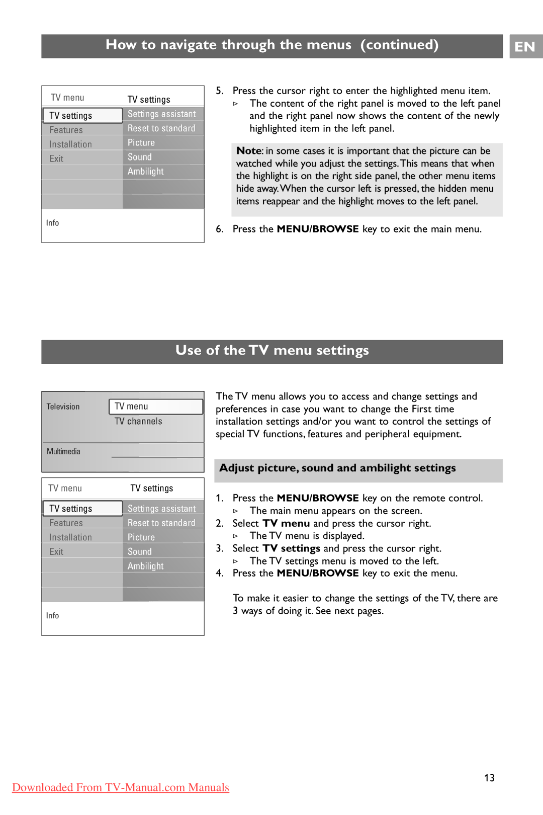 Philips 37PF9731/69 instruction manual Use of the TV menu settings, Adjust picture, sound and ambilight settings 