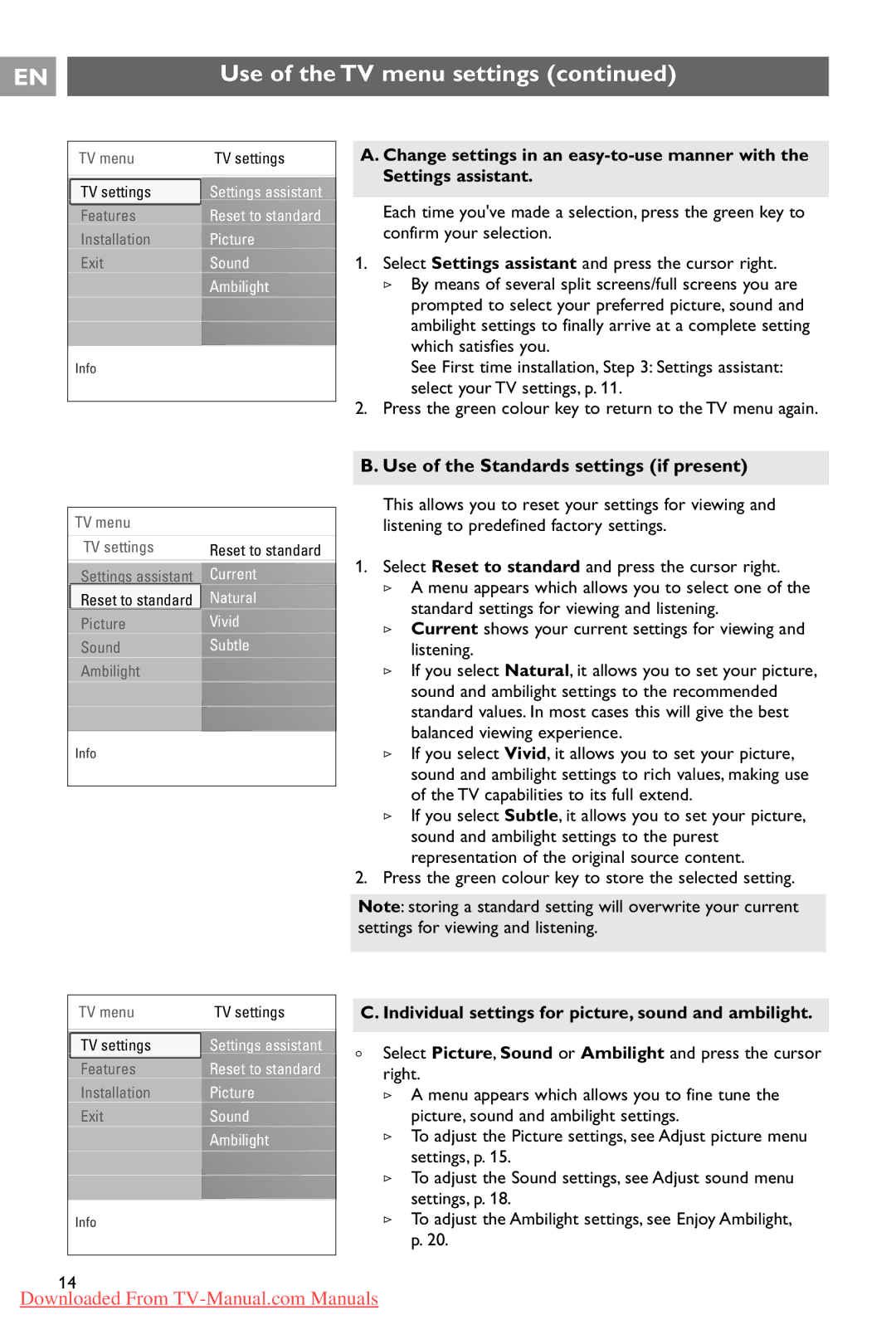 Philips 37PF9731/69 Use of the Standards settings if present, Individual settings for picture, sound and ambilight 