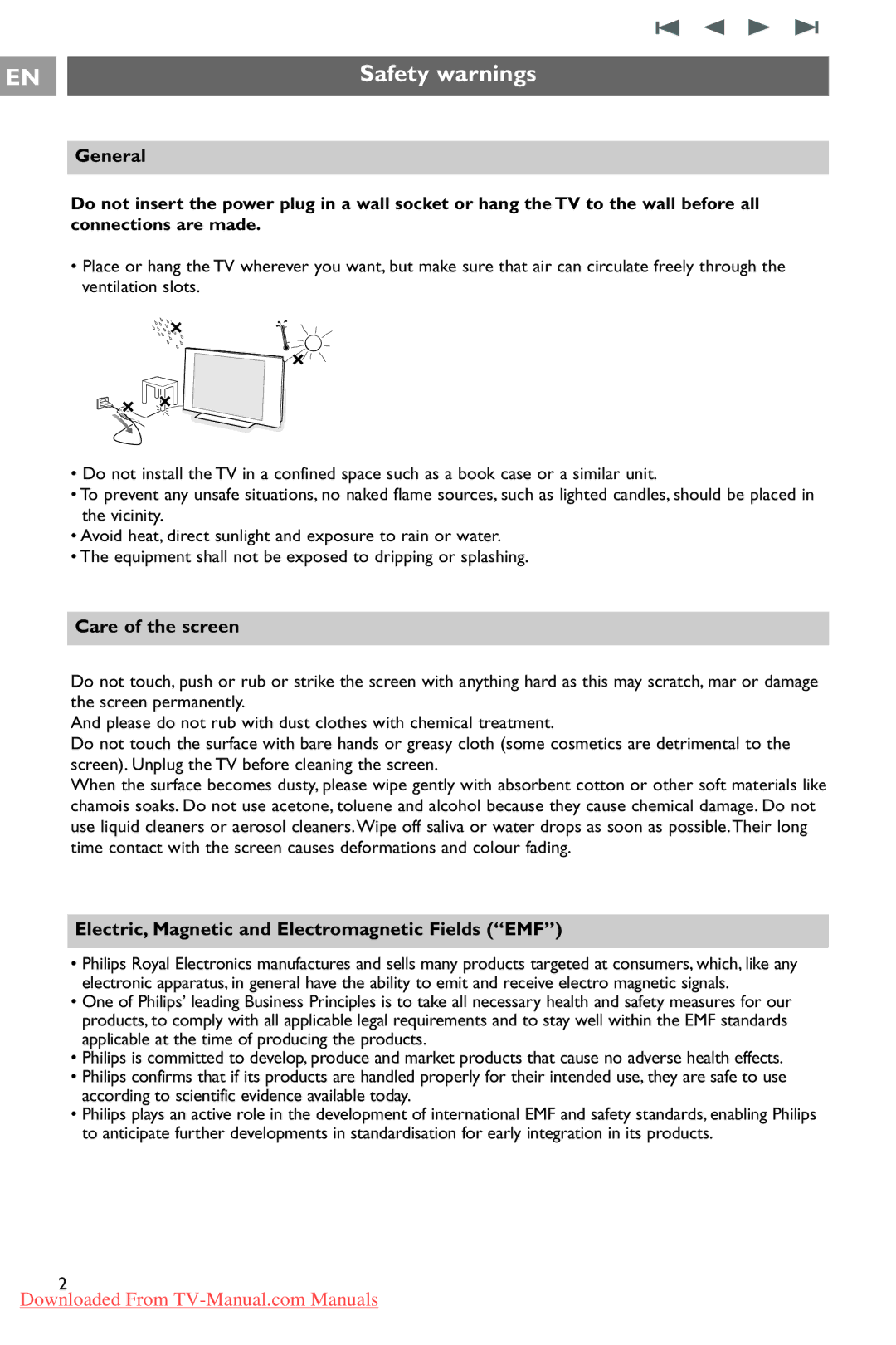 Philips 37PF9731/69 Safety warnings, General, Care of the screen, Electric, Magnetic and Electromagnetic Fields EMF 