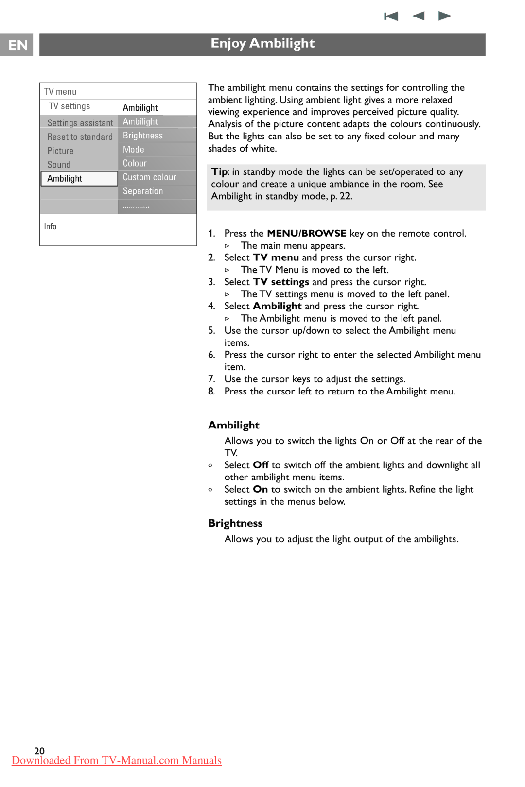 Philips 37PF9731/69 instruction manual Enjoy Ambilight, Brightness, Allows you to adjust the light output of the ambilights 