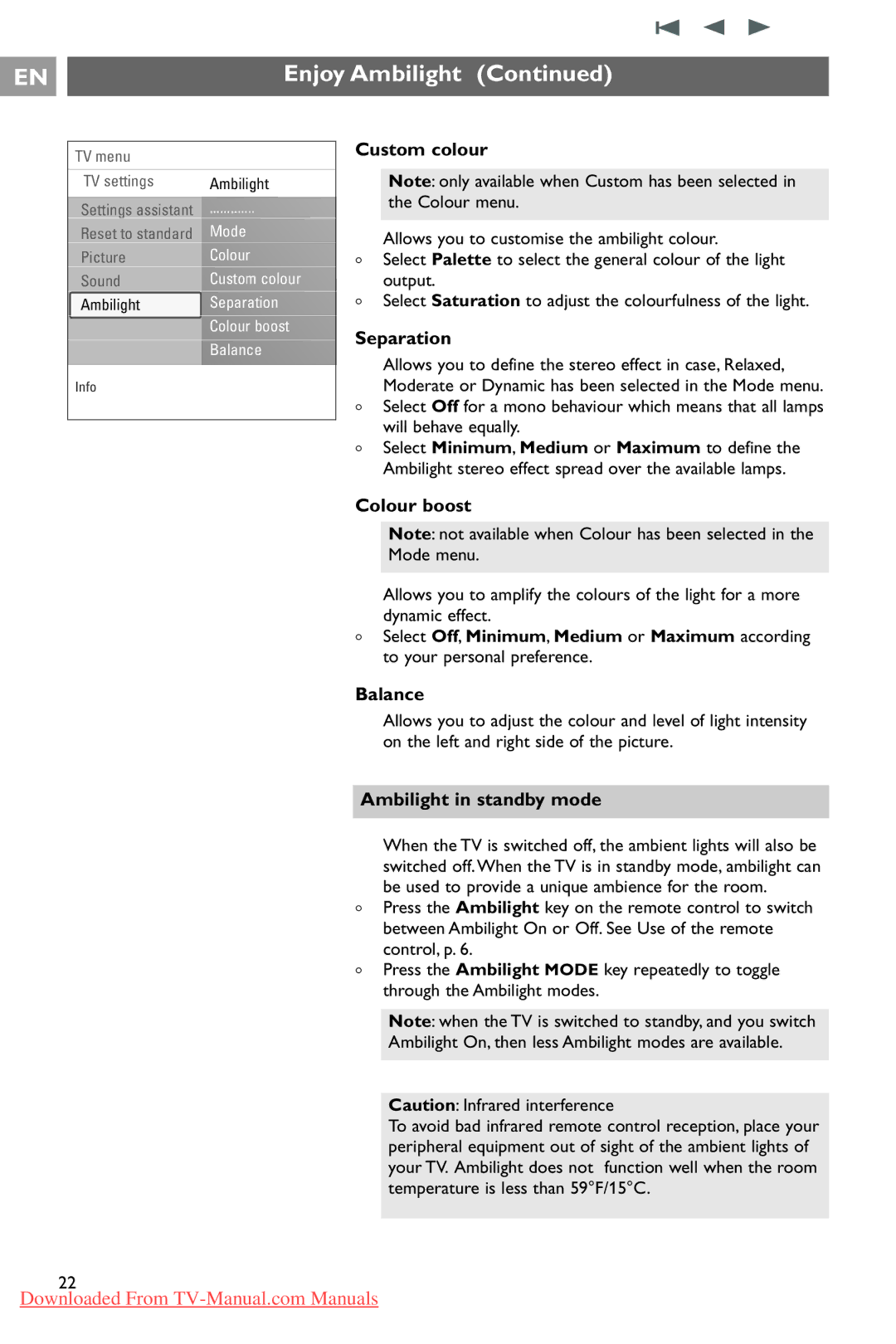 Philips 37PF9731/69 instruction manual Custom colour, Separation, Colour boost, Ambilight in standby mode 