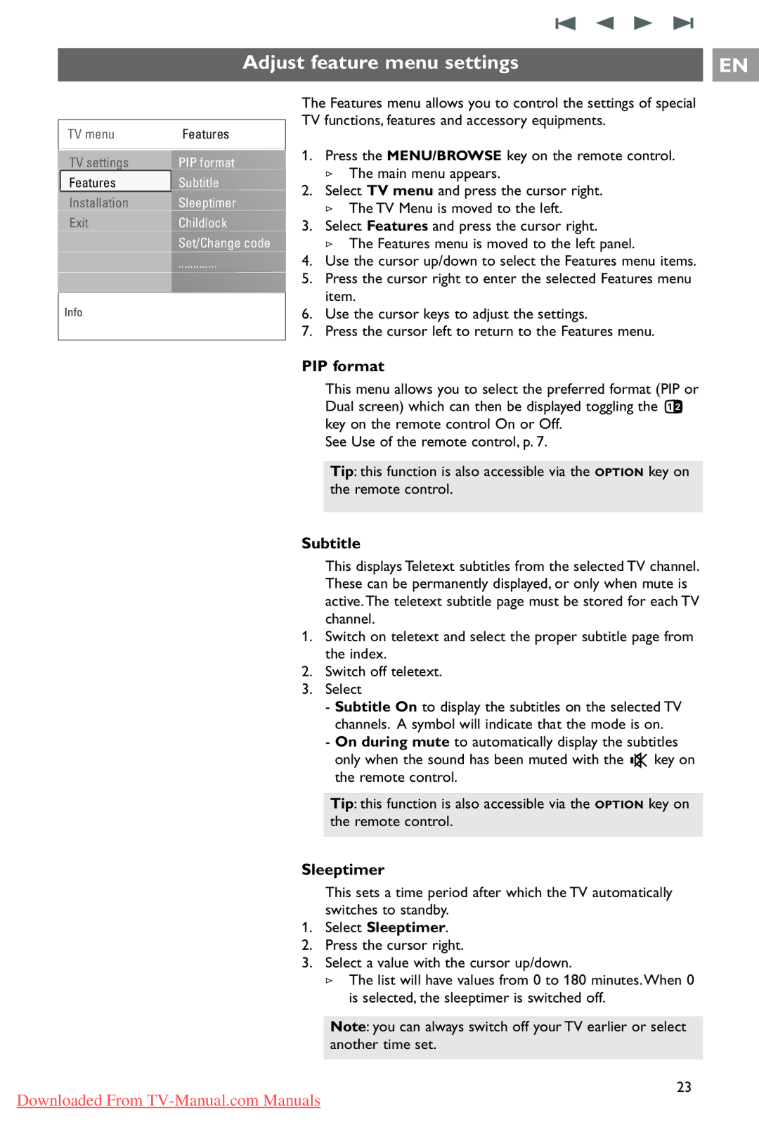 Philips 37PF9731/69 instruction manual Adjust feature menu settings, PIP format, Subtitle, Select Sleeptimer 