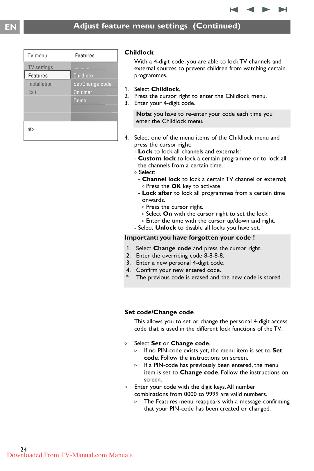 Philips 37PF9731/69 instruction manual Important you have forgotten your code, Set code/Change code, Select Childlock 