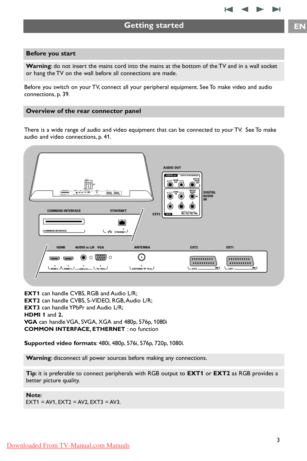 Philips 37PF9731/69 instruction manual Getting started, Before you start, Overview of the rear connector panel 