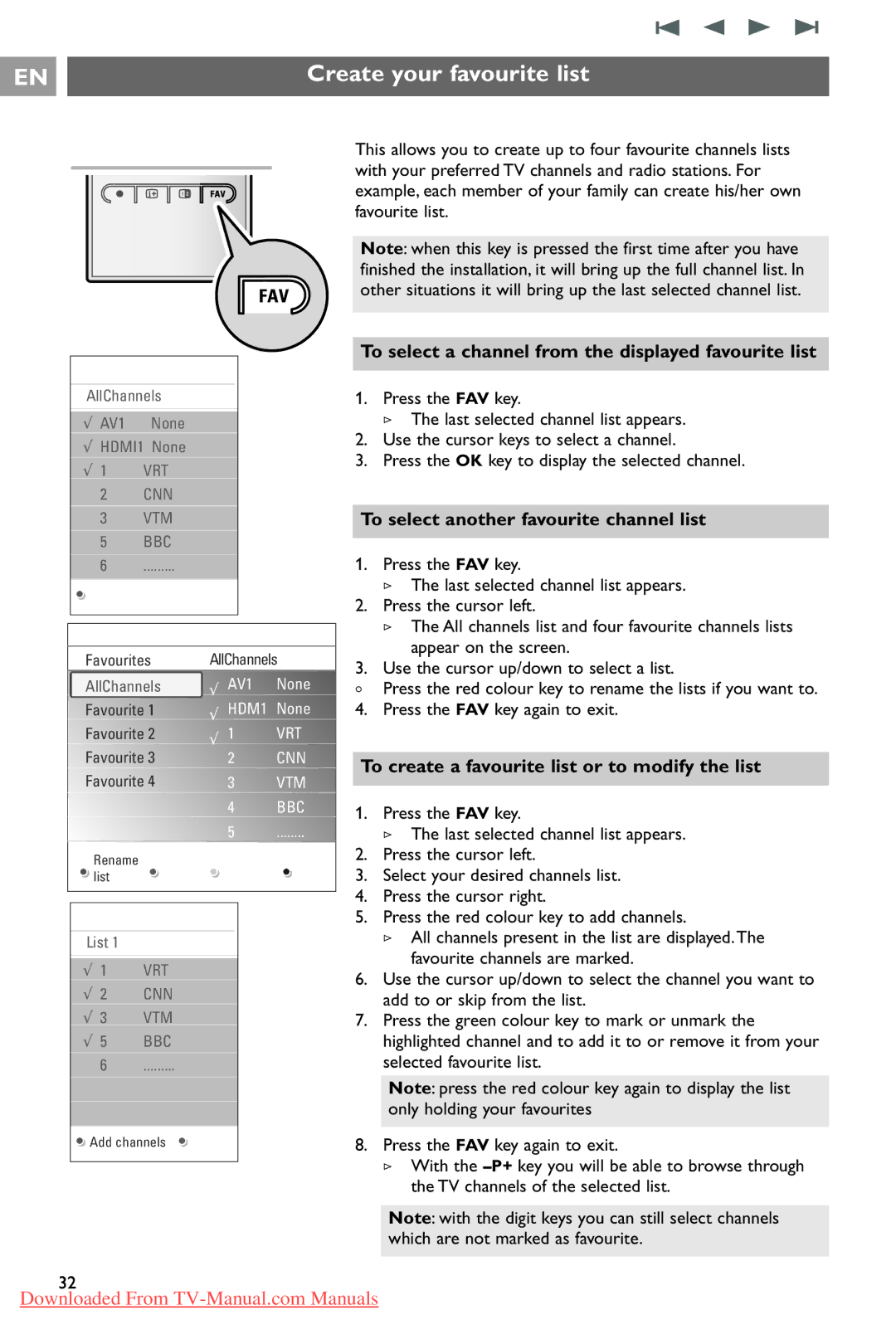 Philips 37PF9731/69 instruction manual Create your favourite list, To select a channel from the displayed favourite list 