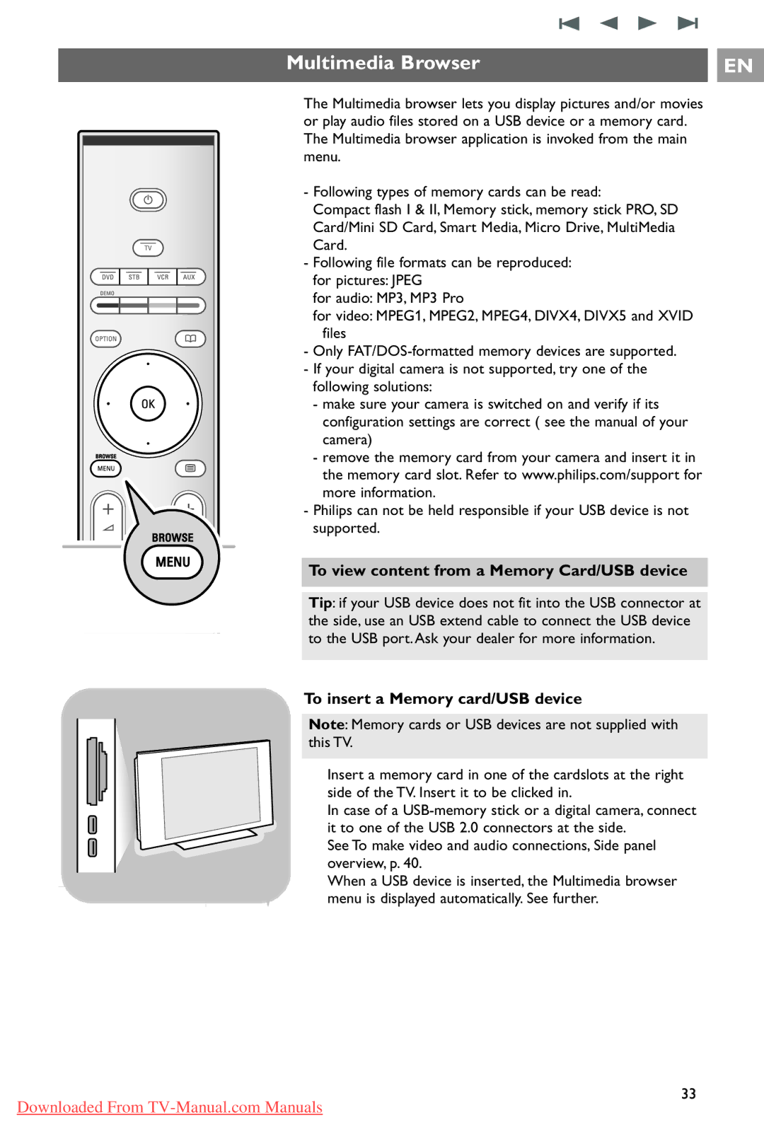 Philips 37PF9731/69 Multimedia Browser, To view content from a Memory Card/USB device, To insert a Memory card/USB device 